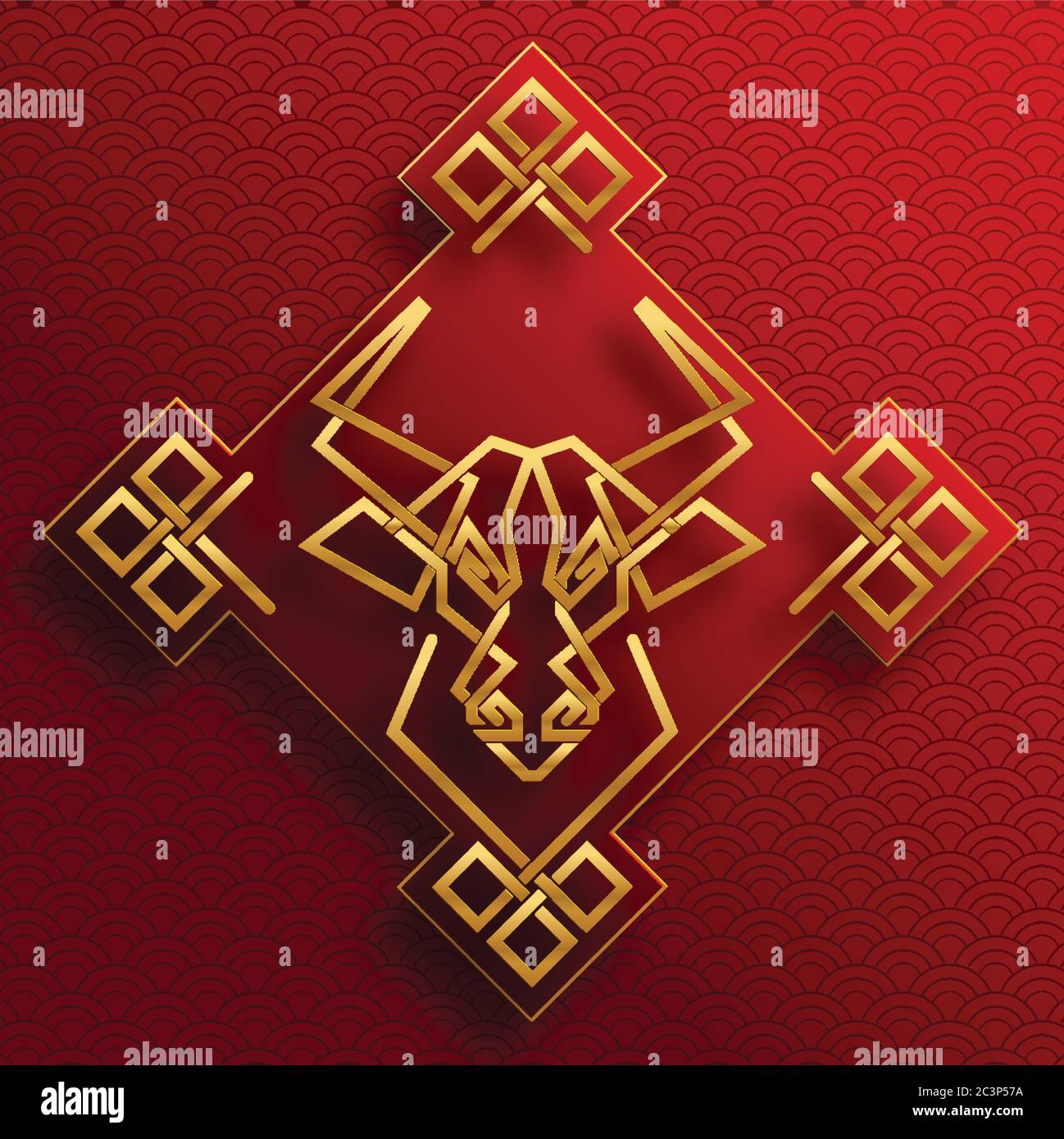 Nouvel an chinois 2021 année du boeuf, papier rouge coupé caractère boeuf, fleur et éléments asiatiques avec style artisanal sur fond. Illustration de Vecteur