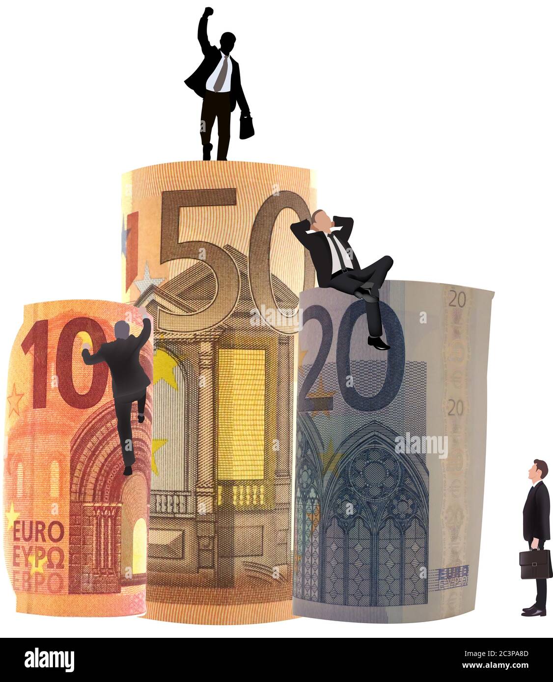 Illustration graphique d'hommes d'affaires sur une pyramide monétaire Banque D'Images