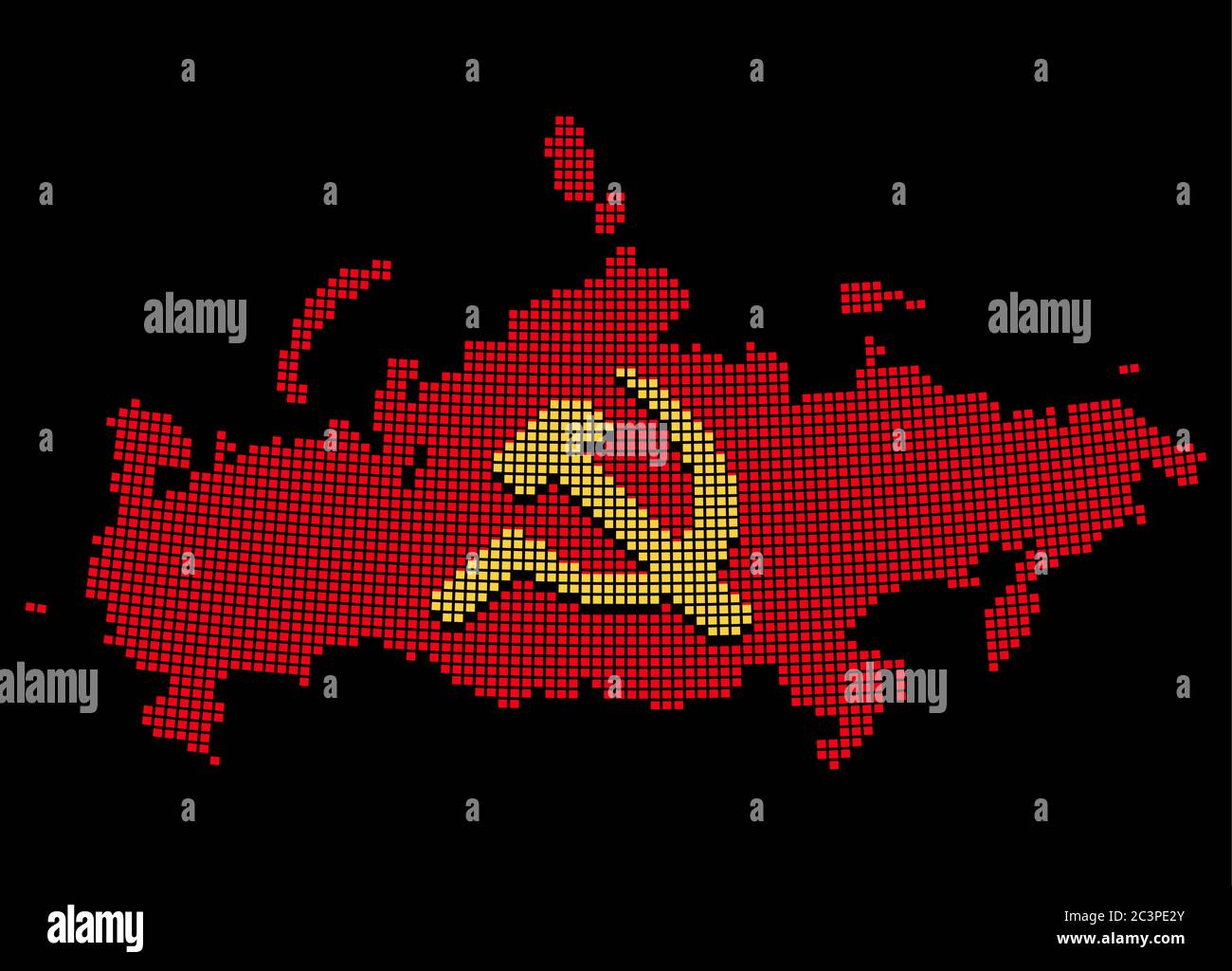 Carte stylisée de l'URSS avec marteau et faucille, symbole de la Russie communiste. Silhouette de style pixel art. Illustration vectorielle isolée. Illustration de Vecteur