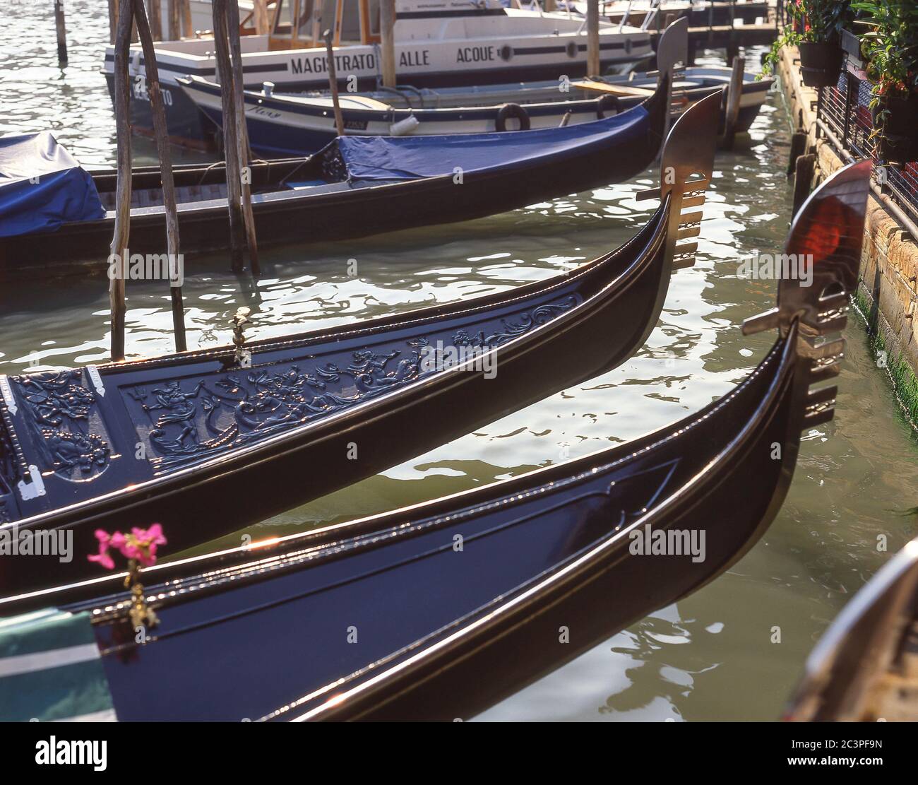Gondoles sur les amarres de canalside, Grand Canal, Venise (Venise), Vénétie, Italie Banque D'Images