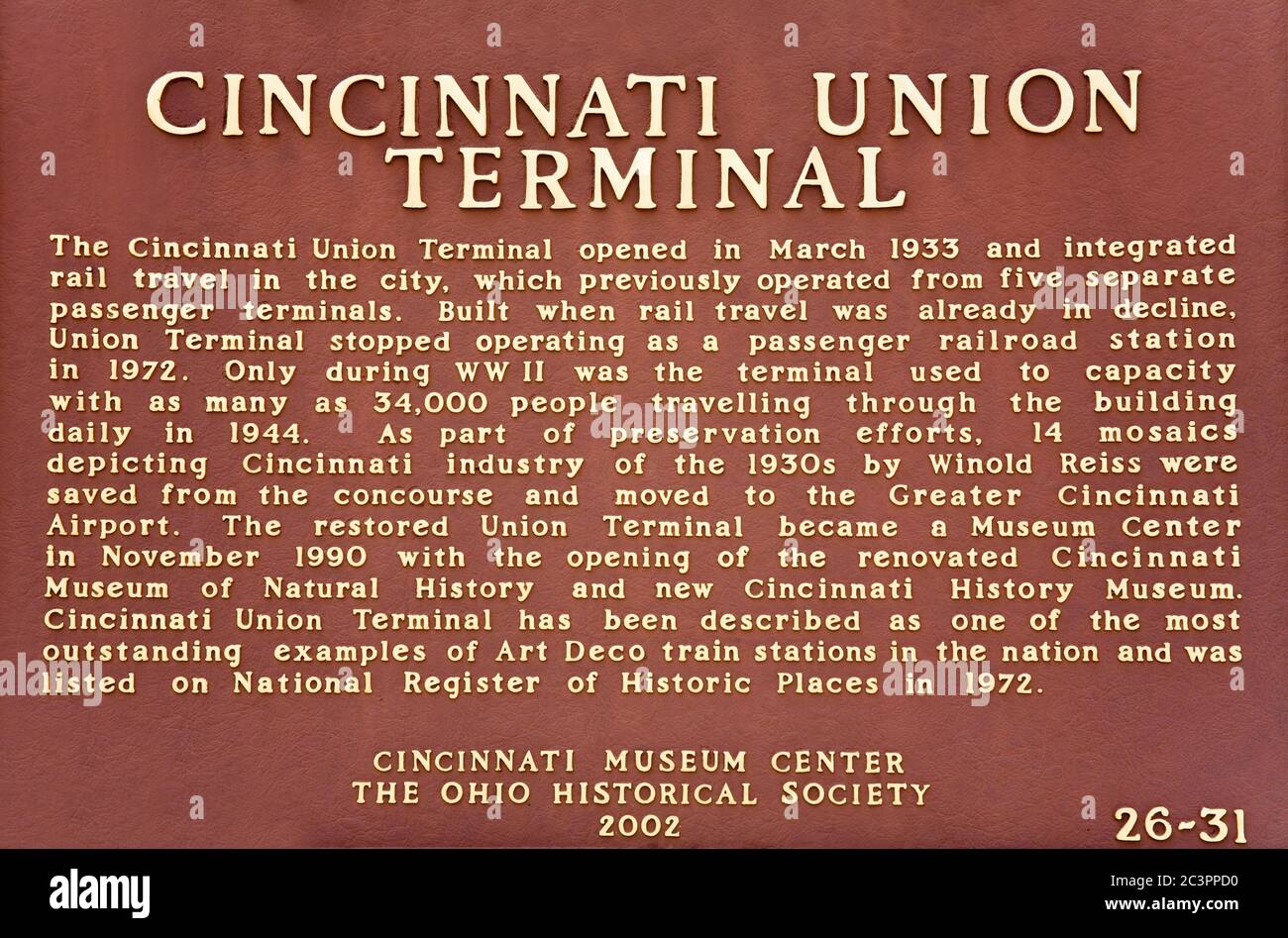 Plaque d'histoire au Cincinnati Museum Center à Union terminal, Cincinnati, Ohio, États-Unis Banque D'Images