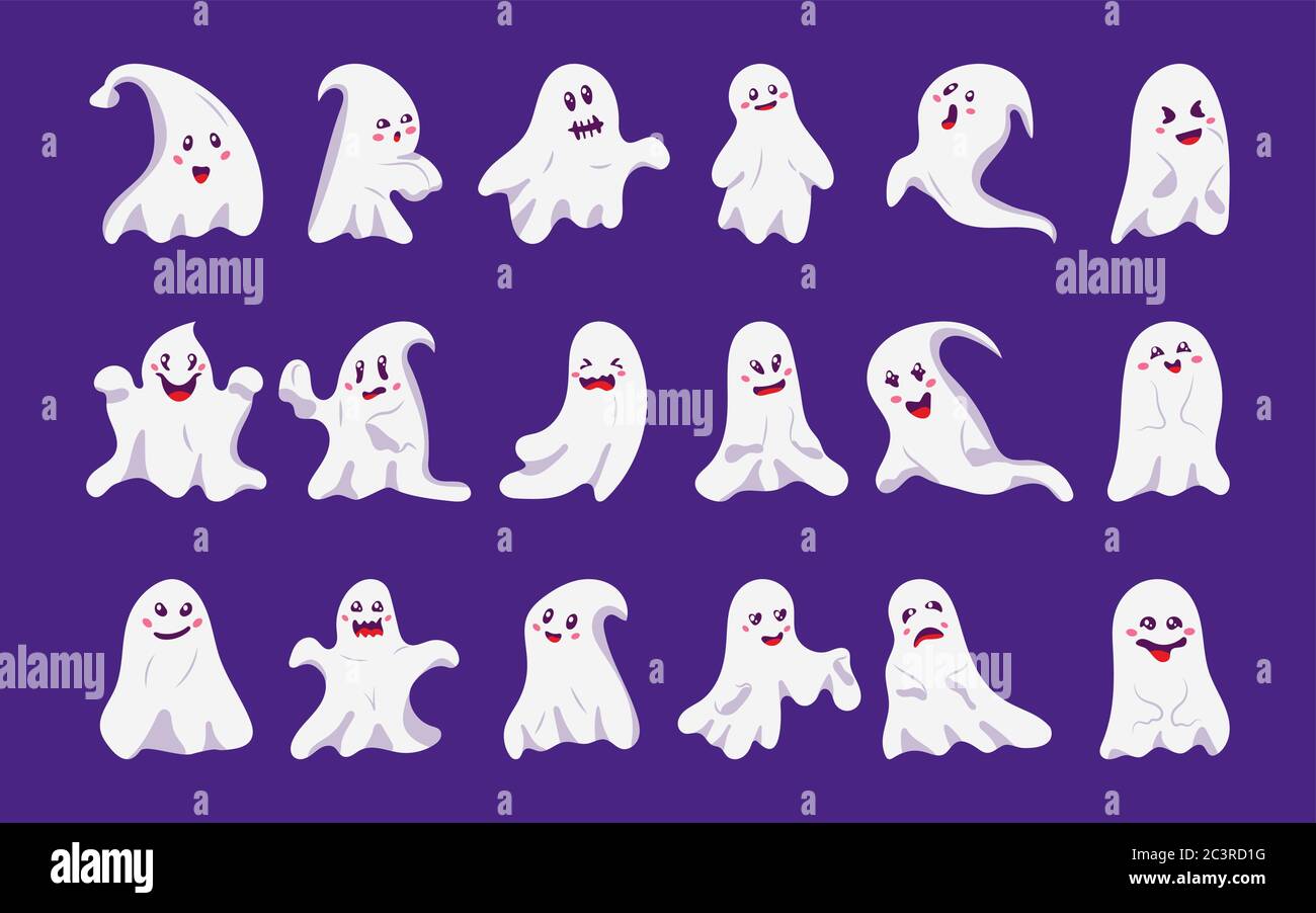Icônes de jeu de dessins animés à plat et à motif personnages mignons fantômes. Des monstres effrayants et amusants pour Halloween. Décor octobre vacances. Symbole horreur. Silhouette avec la forme du visage mal Tour. Illustration vectorielle isolée Illustration de Vecteur