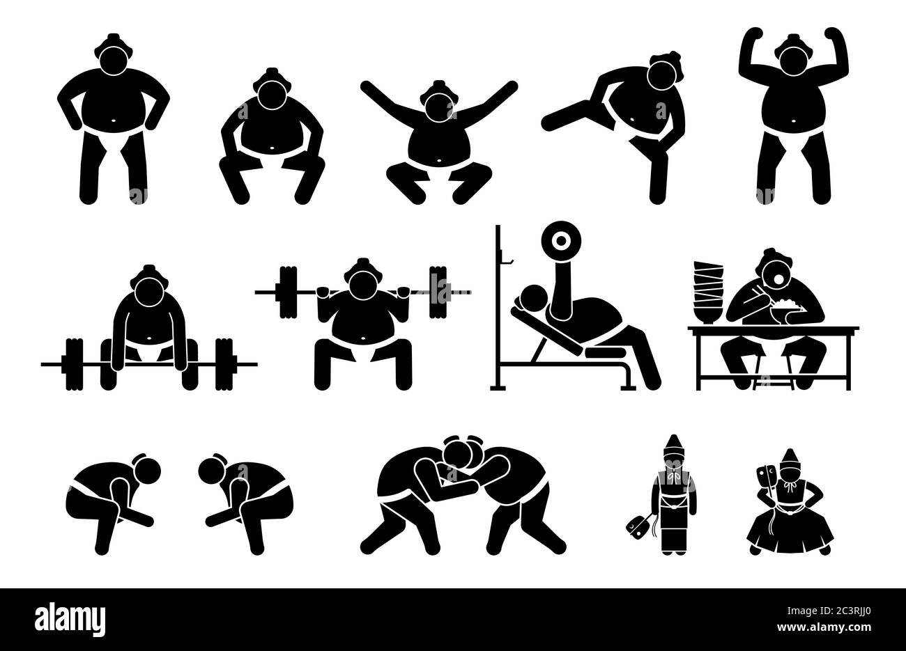 Pictogramme japonais Sumo lutteur. Ensemble simple icônes représentant sumo lutler position debout, squating, lever la jambe, gym entraînement, manger, Illustration de Vecteur