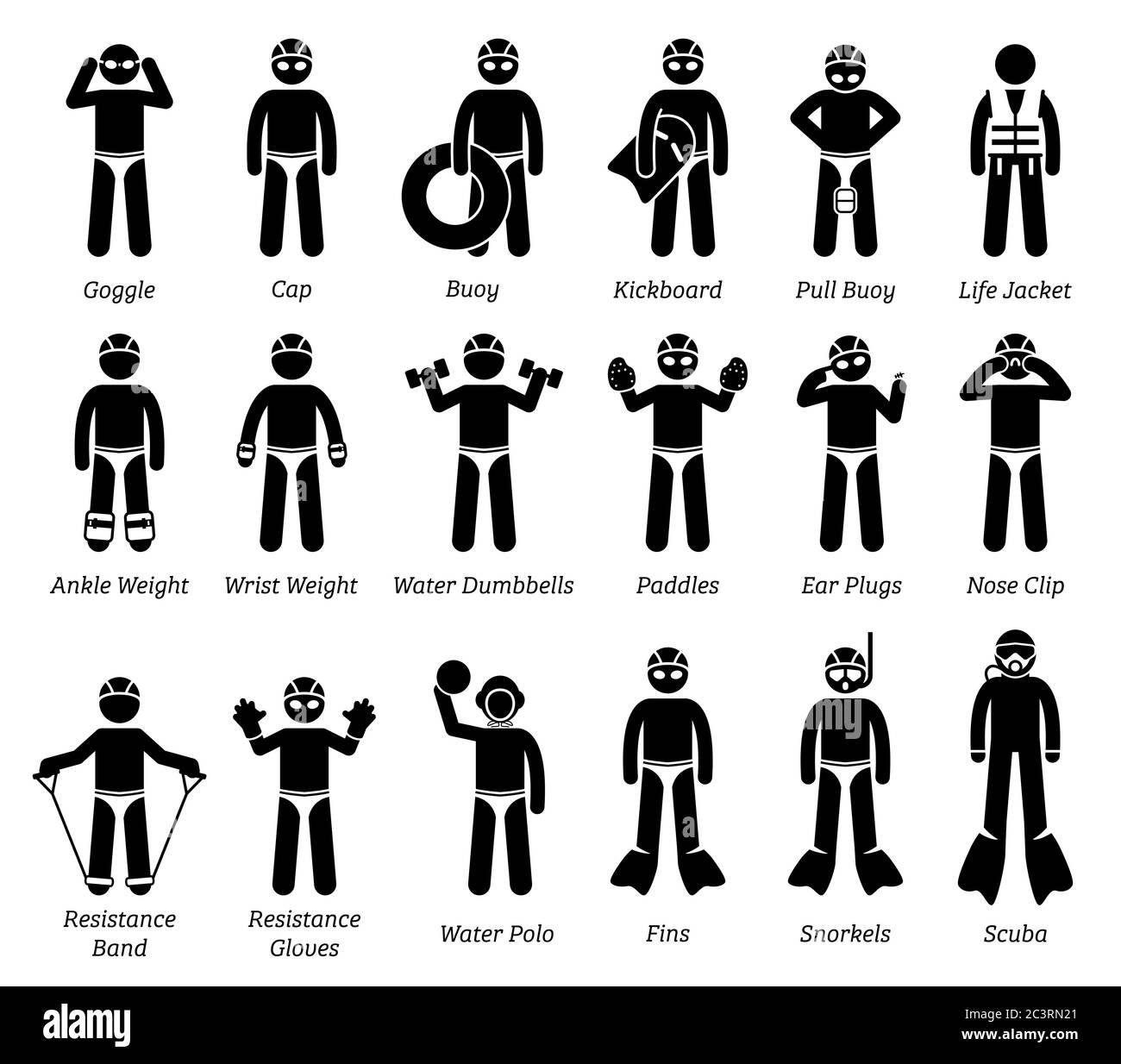 Pictogrammes des symboles de figures des engins de natation et du bâton d'équipement. Illustration et illustration pour une liste d'outils, d'outils, d'accessoires et d'équipements de formation Illustration de Vecteur