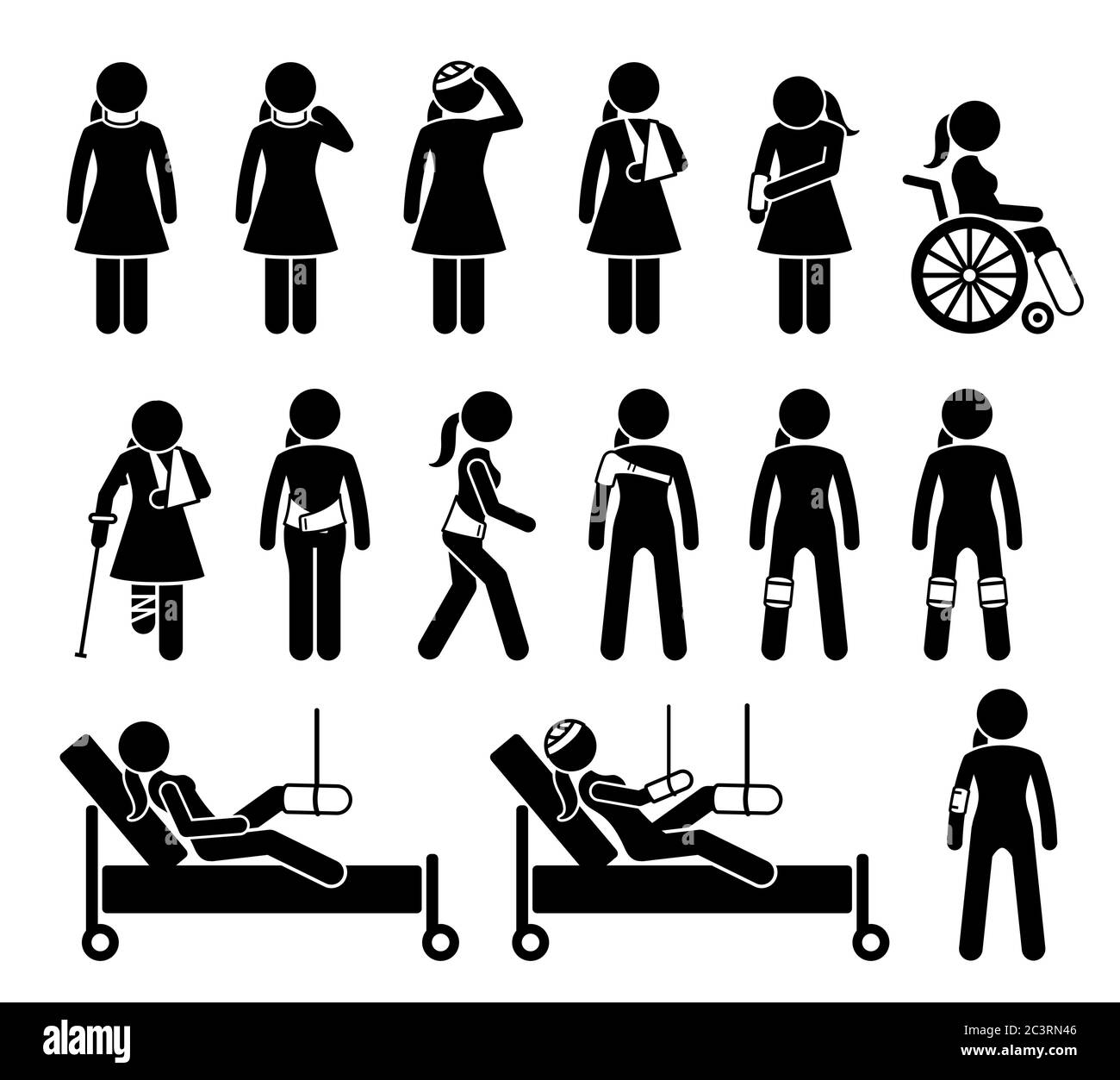 Les produits médicaux d'orthopédie soutiennent la douleur et les blessures corporelles dues à un accident. Les icônes incluent le collier de soutien de cou, le bandage de tête, l'élingue moulée de bras cassé, Illustration de Vecteur