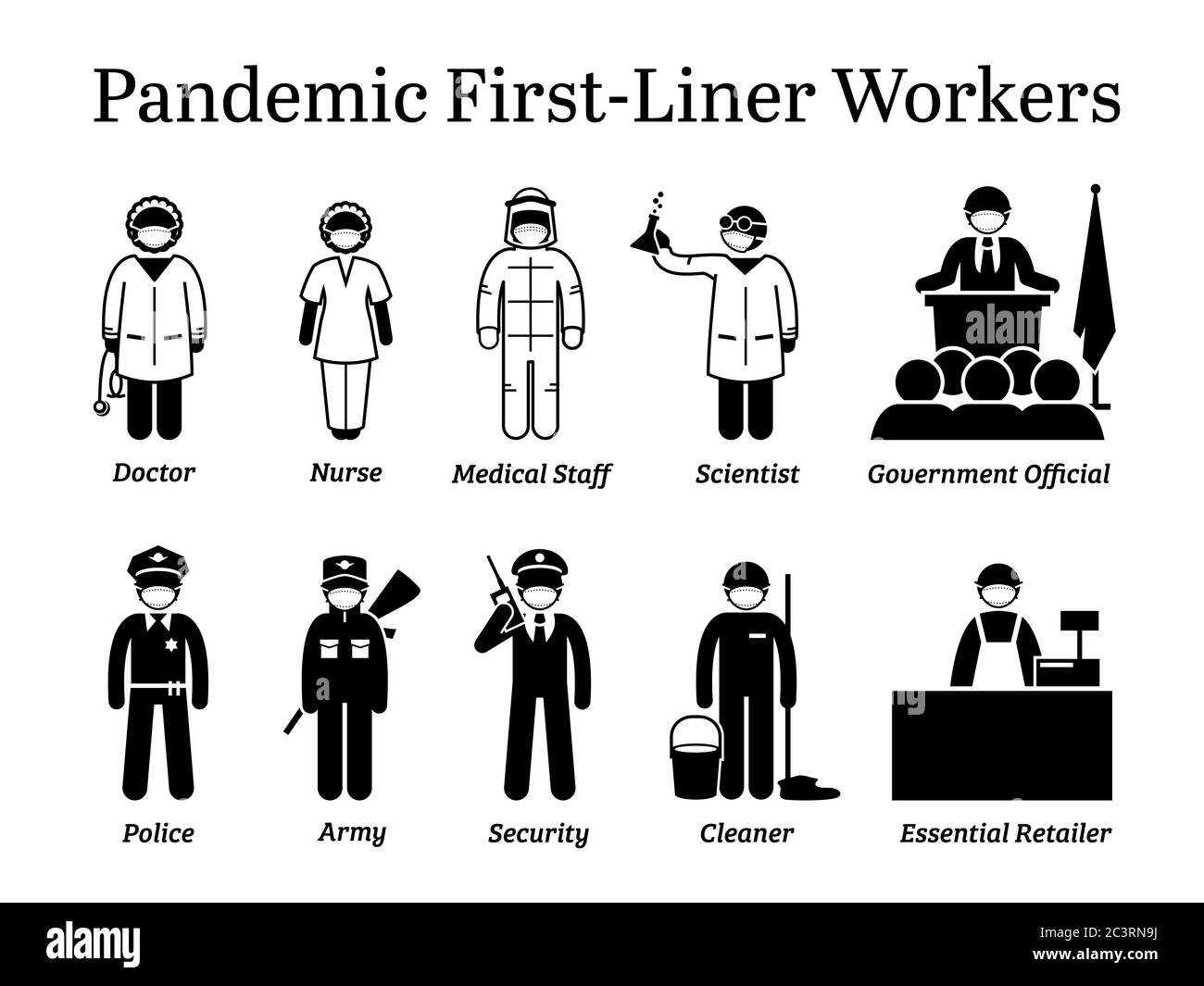 Travailleurs de première ligne en cas de pandémie de virus. Icônes vectorielles de médecin, infirmière, personnel médical, scientifique, fonctionnaire, police, armée, garde de sécurité, propre Illustration de Vecteur