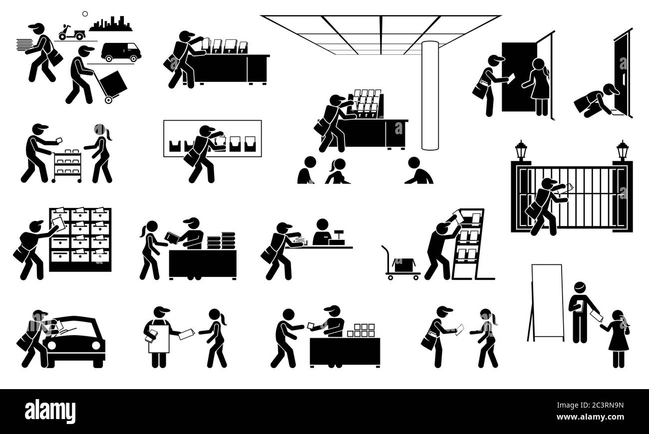 Agent de publicité distribuant des brochures, des dépliants, des dépliants, des prospectus et des brochures à différents endroits icônes. Les illustrations vectorielles représentent la marke Illustration de Vecteur