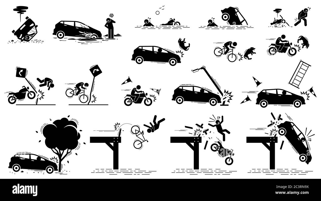 Danger de la route, accident de voiture et accident de la circulation. Icônes vectorielles du conducteur de voiture coincé dans la boue, conduite du véhicule dans l'eau, cognement sur l'arbre, accident sur signal de circulation Illustration de Vecteur