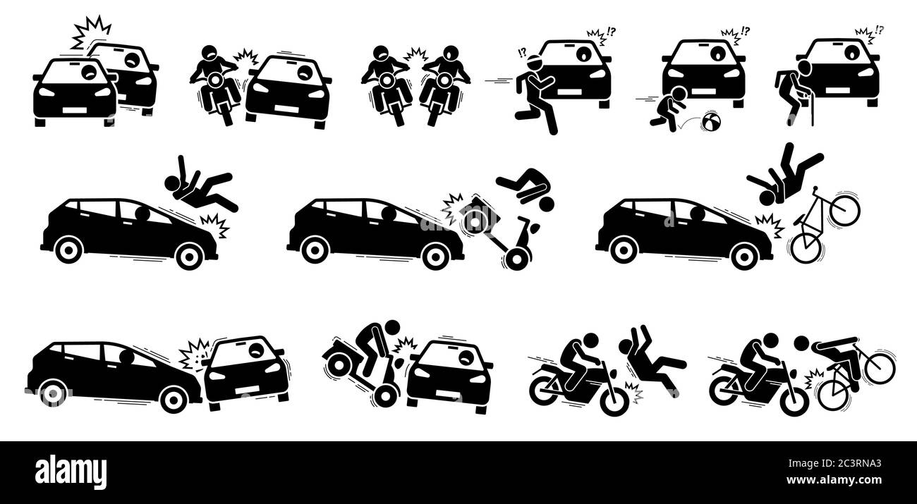 Icônes d'accident de route et d'accident de voiture. Illustration vectorielle d'un accident de véhicule routier entre une voiture, une moto, un vélo, des personnes, un piéton, un jogging, un enfant et un autre Illustration de Vecteur