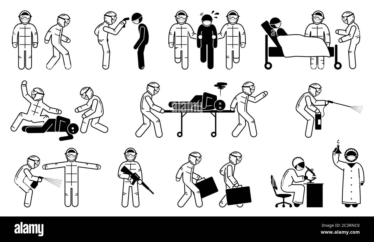 Travailleur médical de santé dans la combinaison de Hazmat de contrôle de l'épidémie de coronavirus de virus. Illustration vectorielle d'un professionnel de santé portant des combinaisons de matières dangereuses et présentant des risques de non-exécution Illustration de Vecteur