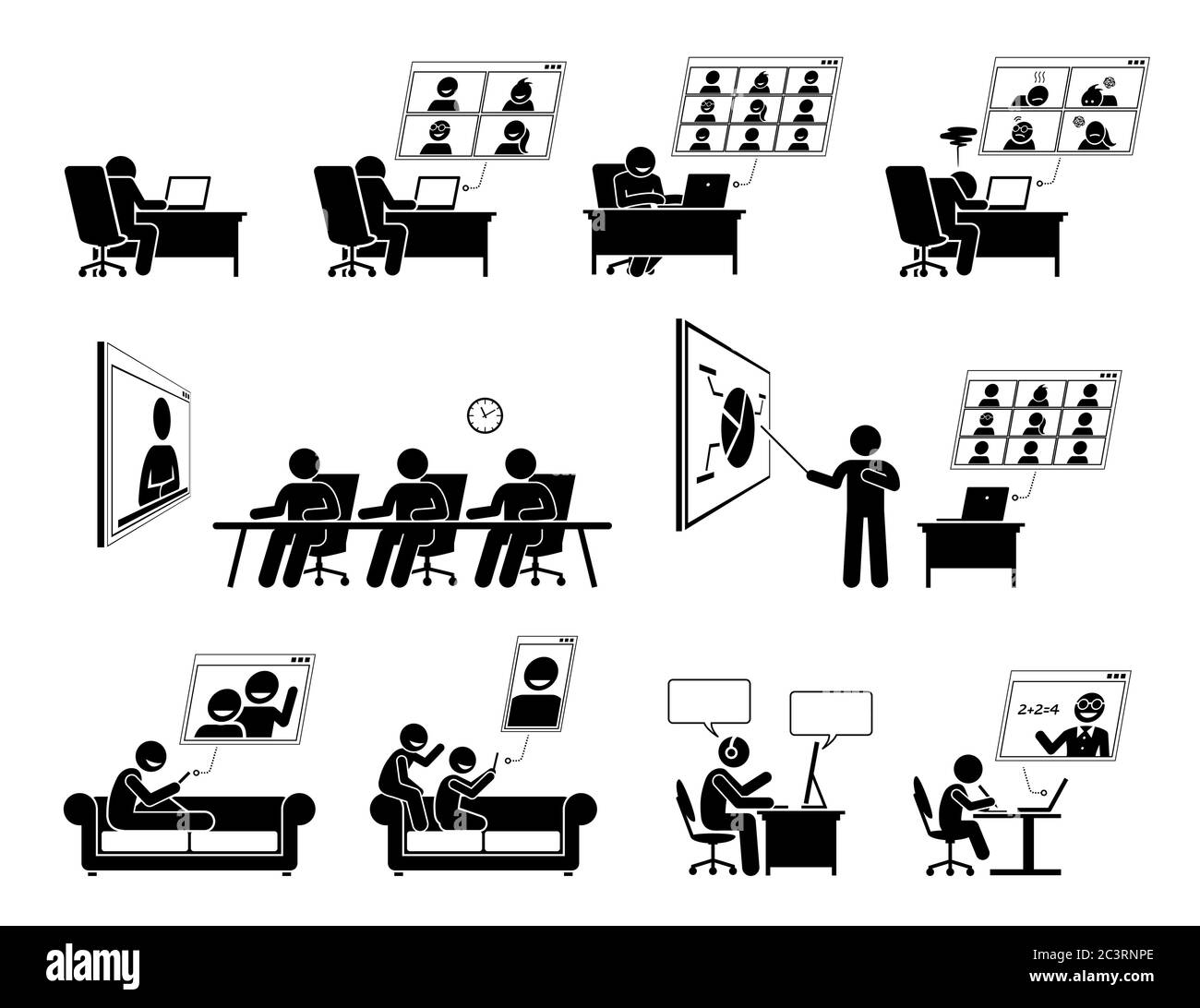 WFH ou travail à domicile vidéo conférence en ligne. Vecteur de personnes travaillant et de discussion par le biais de conférences Web. Vidéo heureux parents et enfants Illustration de Vecteur