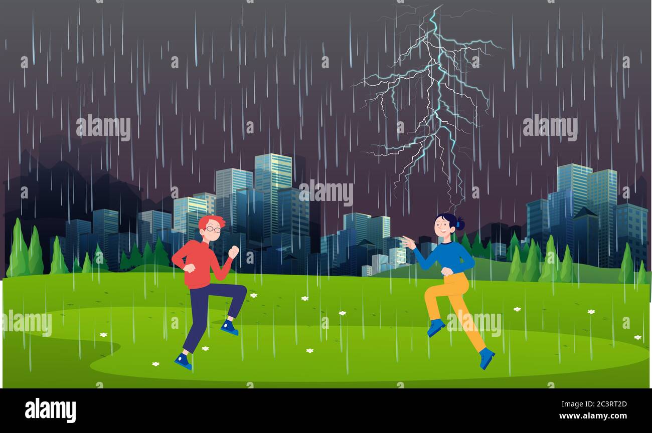 Le couple profite de la pluie Illustration de Vecteur