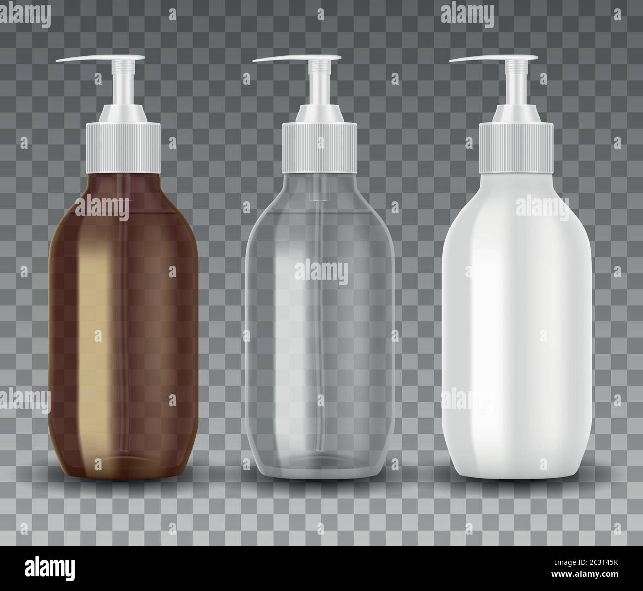 Flacon en verre et en plastique réaliste avec pompe de distribution. Maquette de bouteille transparente avec gel liquide, savon, lotion, shampooing, crème isolée. Illustration de Vecteur