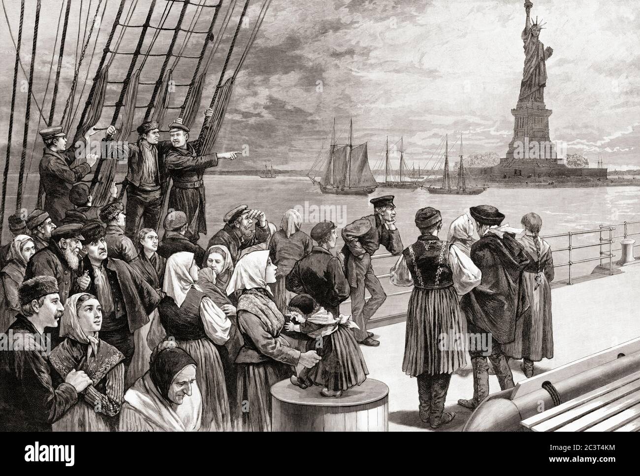 Un navire avec des passagers immigrants de nombreuses nationalités passant devant la Statue de la liberté sur Liberty Island, dans le port de New York, aux États-Unis d'Amérique. Après une illustration par un artiste inconnu dans le journal illustré de Frank Leslie, juillet 1887. Banque D'Images Un navire avec des passagers immigrants de nombreuses nationalités passant devant la Statue de la liberté sur Liberty Island, dans le port de New York, aux États-Unis d'Amérique. Après une illustration par un artiste inconnu dans le journal illustré de Frank Leslie, juillet 1887. Banque D'Images
