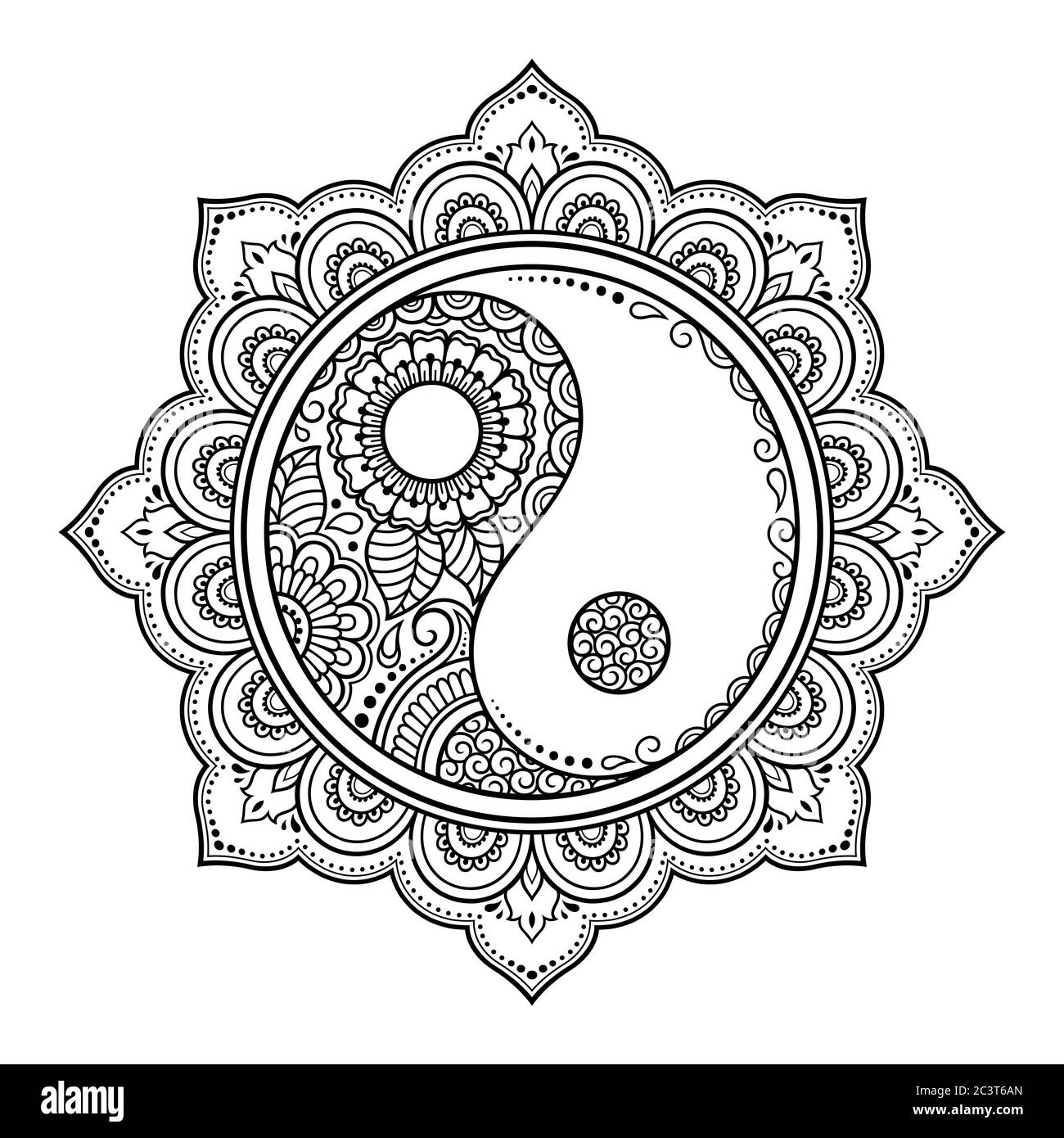 Motif circulaire en forme de mandala pour Henna, Mehndi, tatouage, décoration. Décoration décorative de style oriental avec symbole Yin-yang dessiné à la main. Colo Illustration de Vecteur