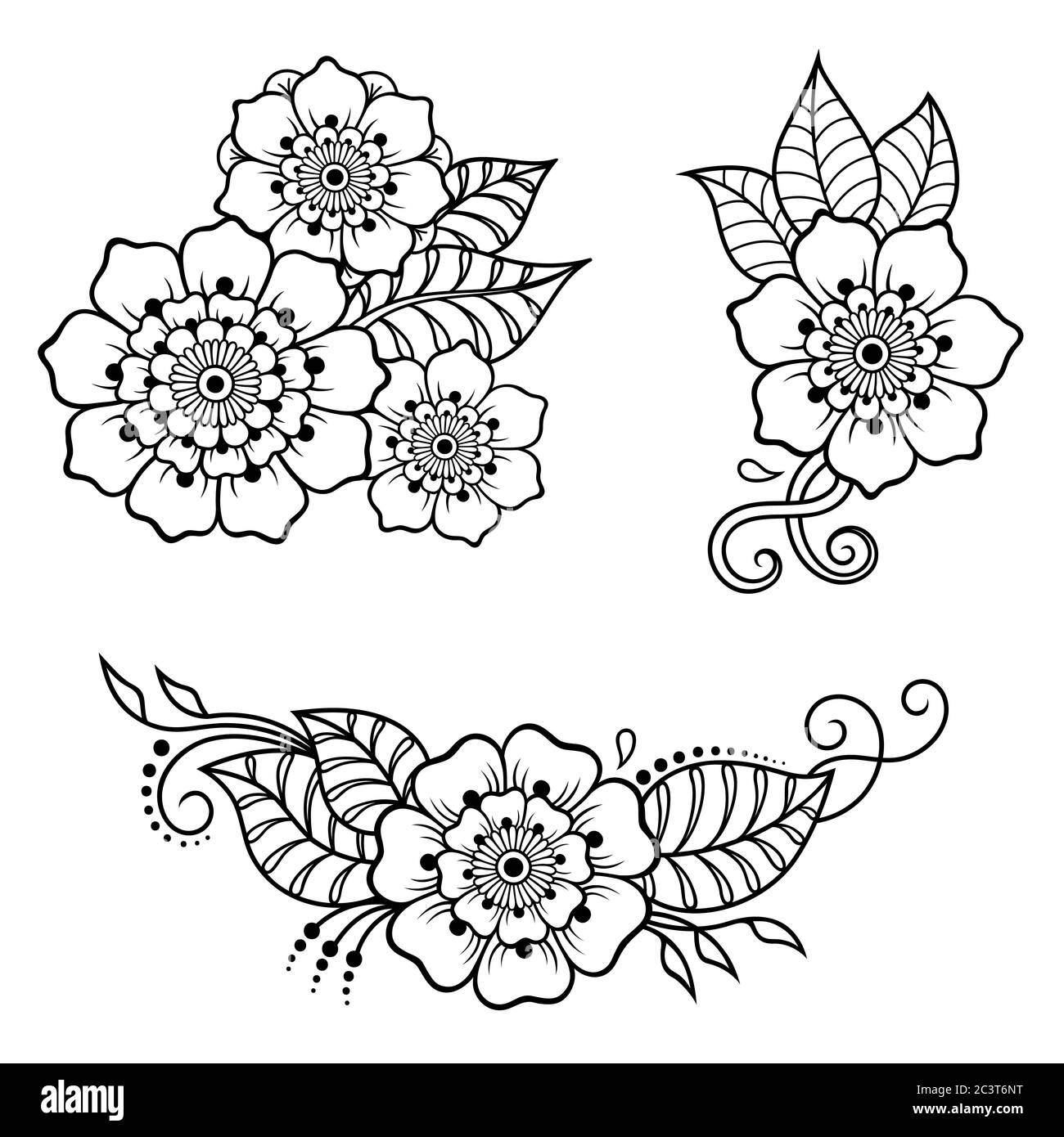 Ensemble de motif de fleurs Mehndi pour le dessin et le tatouage de Henné. Décoration ethnique orientale, de style indien. Illustration de Vecteur