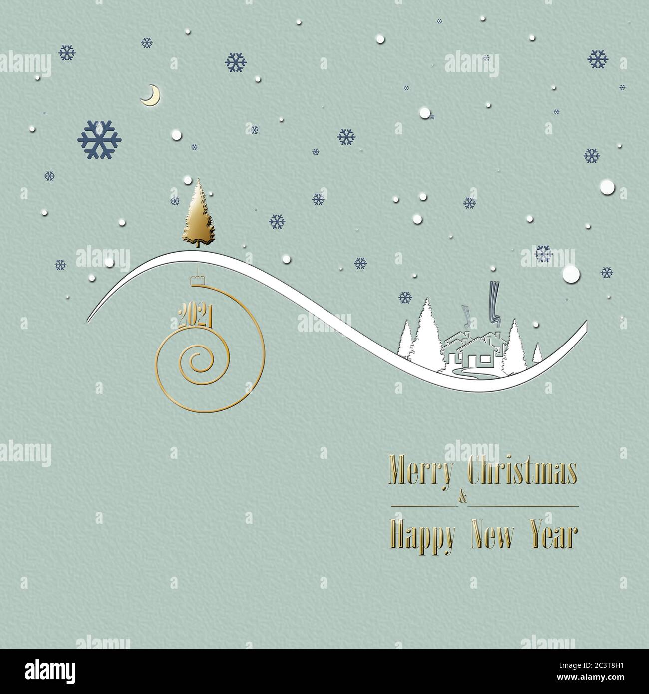 Magnifique paysage d'hiver de Noël minimaliste et élégant avec neige, maisons, lune, sapin de pin, texte brillant 2021 sur la spirale dorée et arbres de Noël or o Banque D'Images