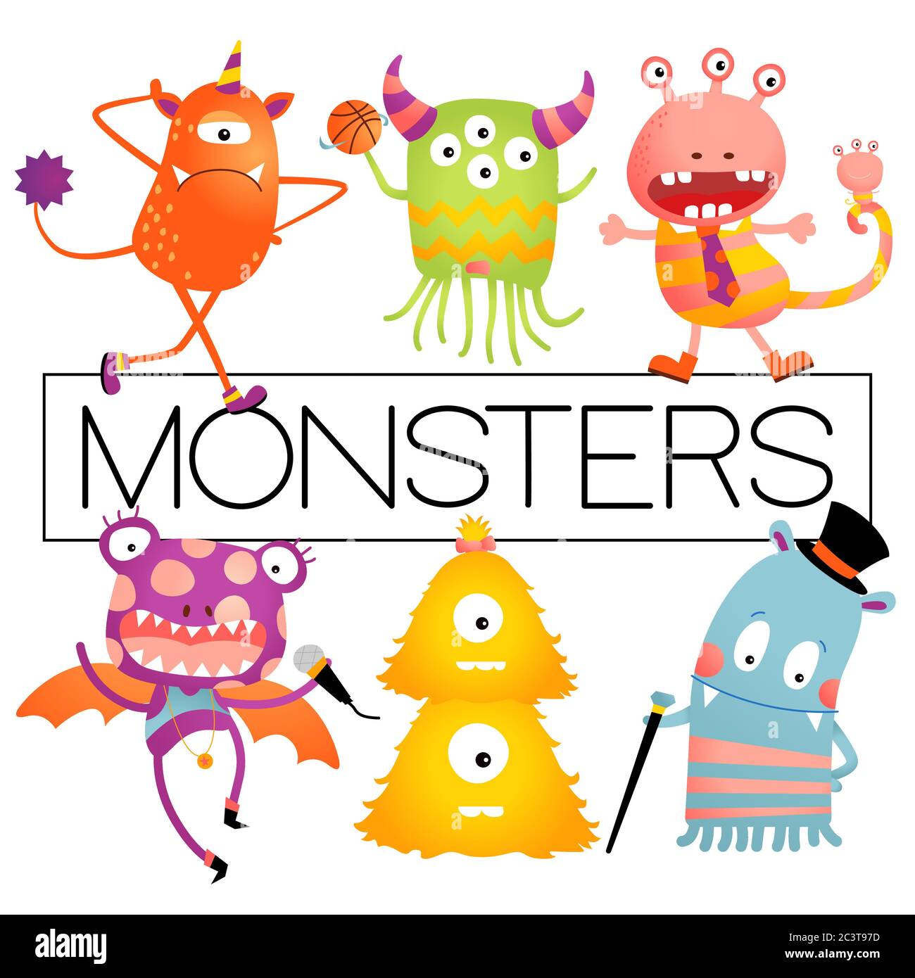 Vector Baby ou Kids Design Elements, ensemble Happy Monster coloré. Illustration de Vecteur