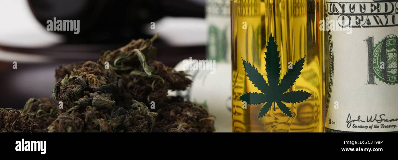 Le tableau des juges est composé de dollars, d'huile de chanvre et de marijuana Banque D'Images