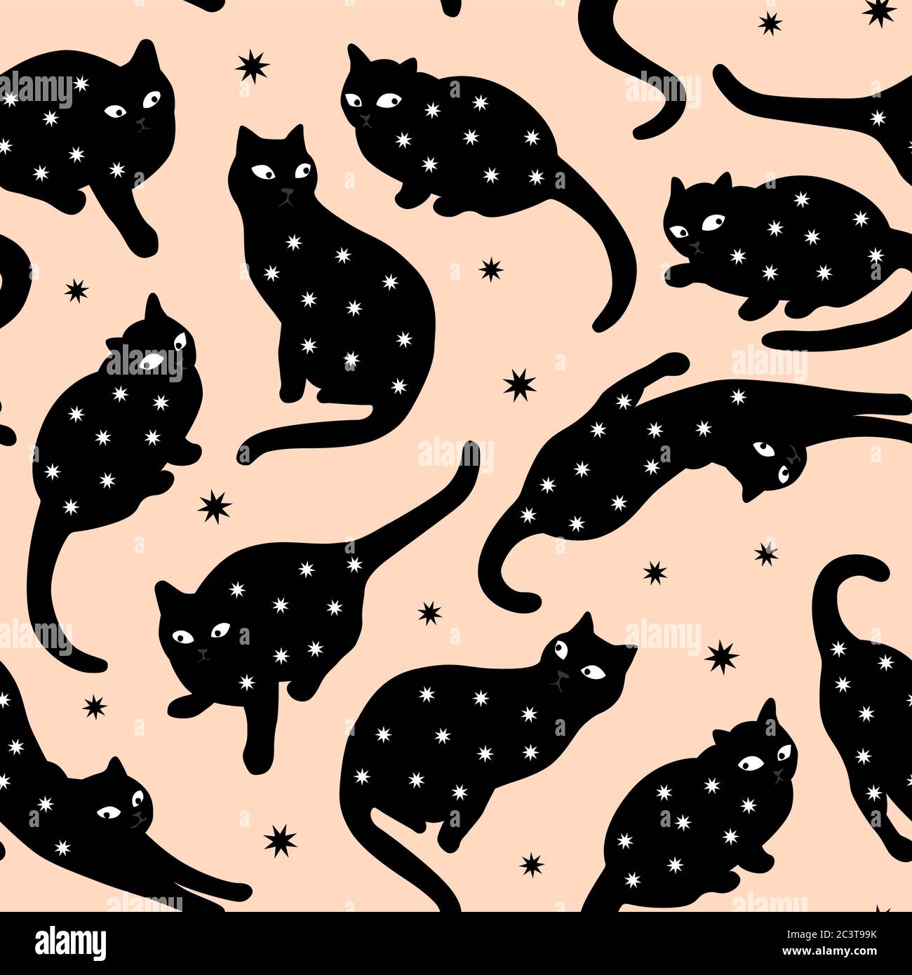 Motif sans couture Vector mystérieux Black Cat Silhouette avec décoration étoile, corail et noir. Illustration de Vecteur