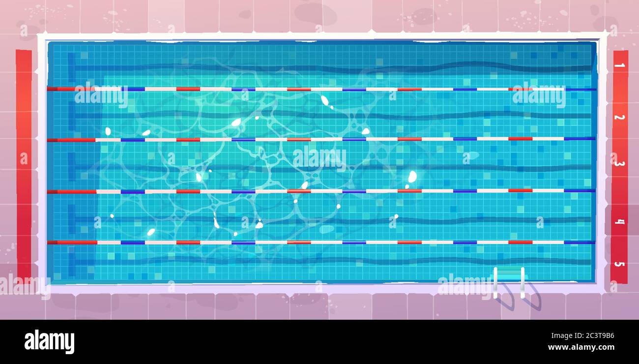 Piscine sportive, vue de dessus avec eau rippé bleu, sol en céramique et voies ou chemins pour se rafraîchir. Réservoir vide pour la natation, la compétition sportive, la remise en forme ou l'entraînement d'aquagym, dessin vectoriel de dessin animé Illustration de Vecteur