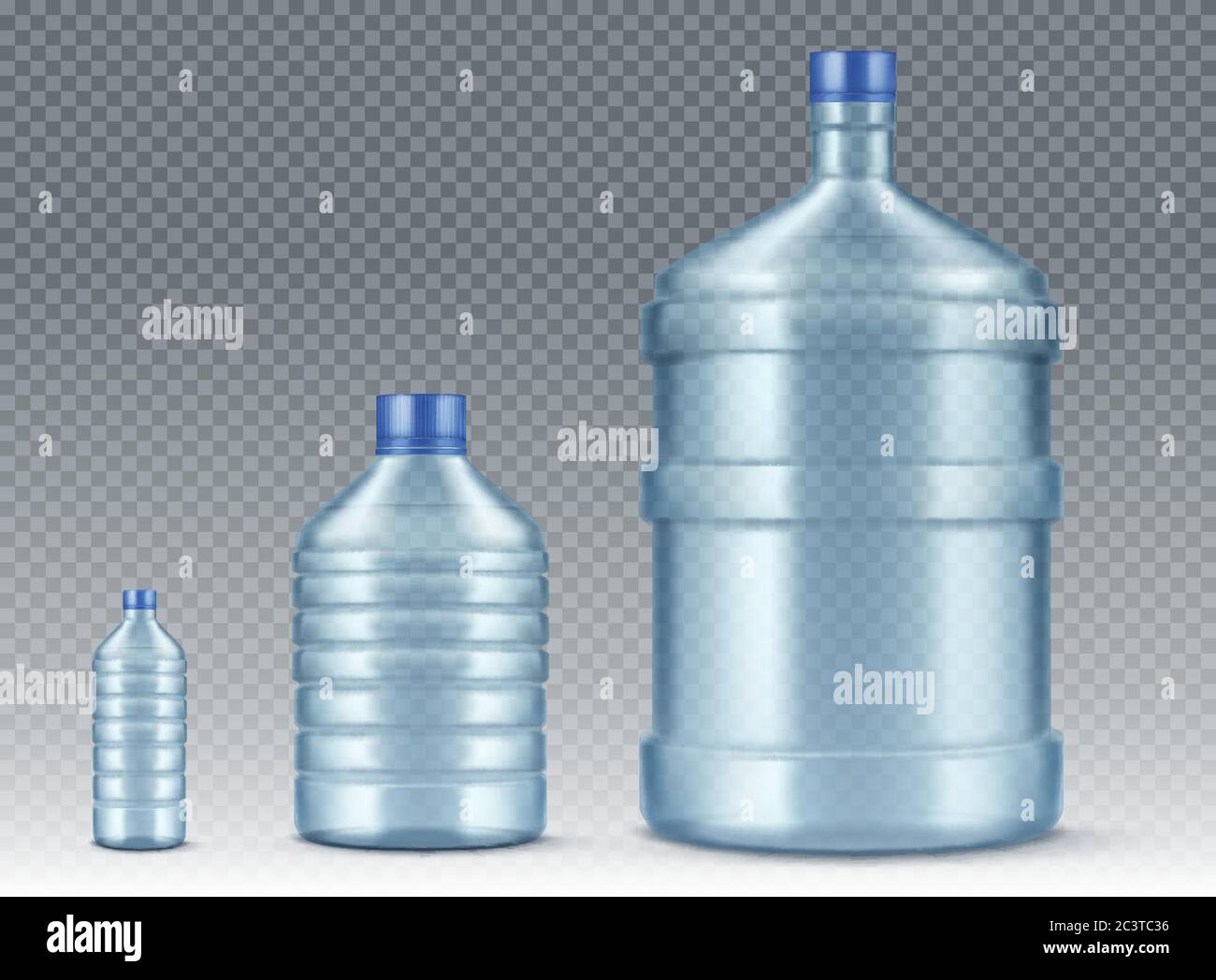 Flacons Plastik, petits et grands pour refroidisseur d'eau. Maquette réaliste Vector d'emballage plastique bleu pour l'eau potable isolé sur fond transparent, contenant vide en gallons Illustration de Vecteur