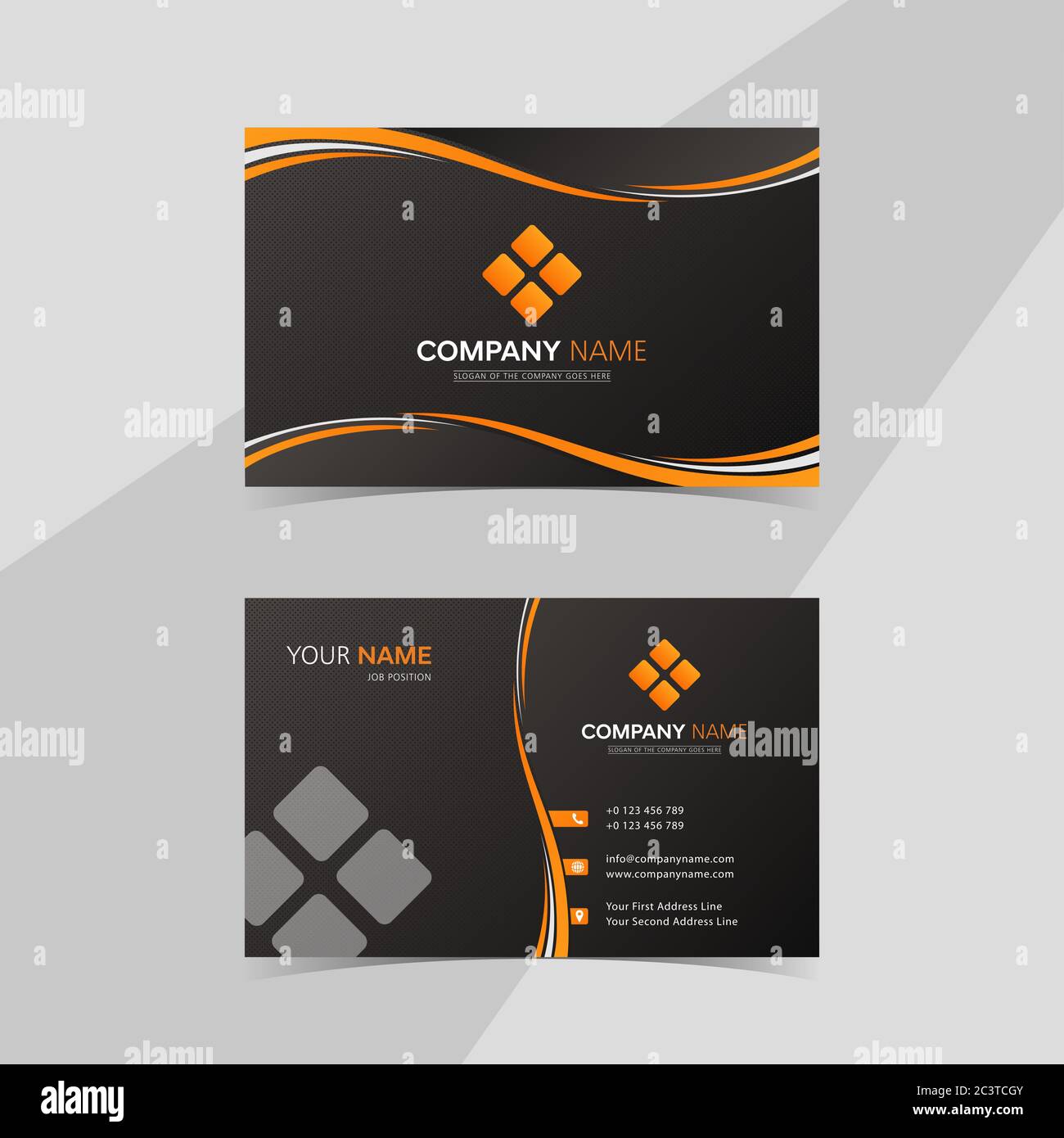 Carte professionnelle ou carte de visite de couleur noire et orange base thématique pour entreprise avec look luxueux et design vectoriel moderne en eps 10 Illustration de Vecteur