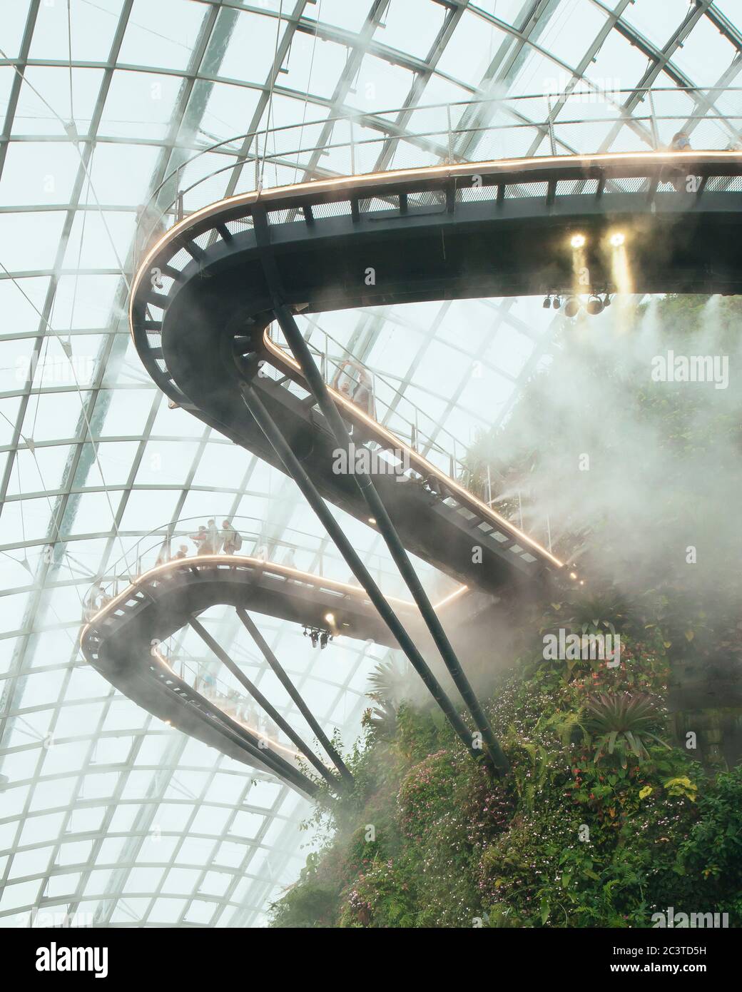 Vue de l'intérieur avec pulvérisation par brouillard activée. Conservatoires rafraîchissants, Gardens by the Bay, Singapour, Singapour. Architecte: Wilkinson Eyre Architects, 2011. Banque D'Images