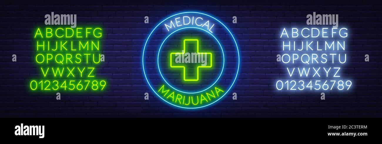 Signe de néon de marijuana médicale. Alphabet néon sur fond de mur de brique. Illustration de Vecteur