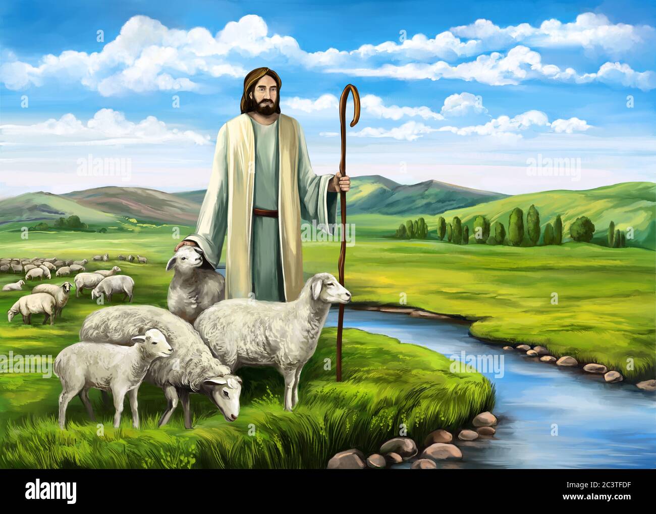 Fils de Dieu, le Seigneur est mon berger, Jésus-Christ avec un troupeau de brebis, symbole du christianisme dessin à la main illustration d'art peint Banque D'Images