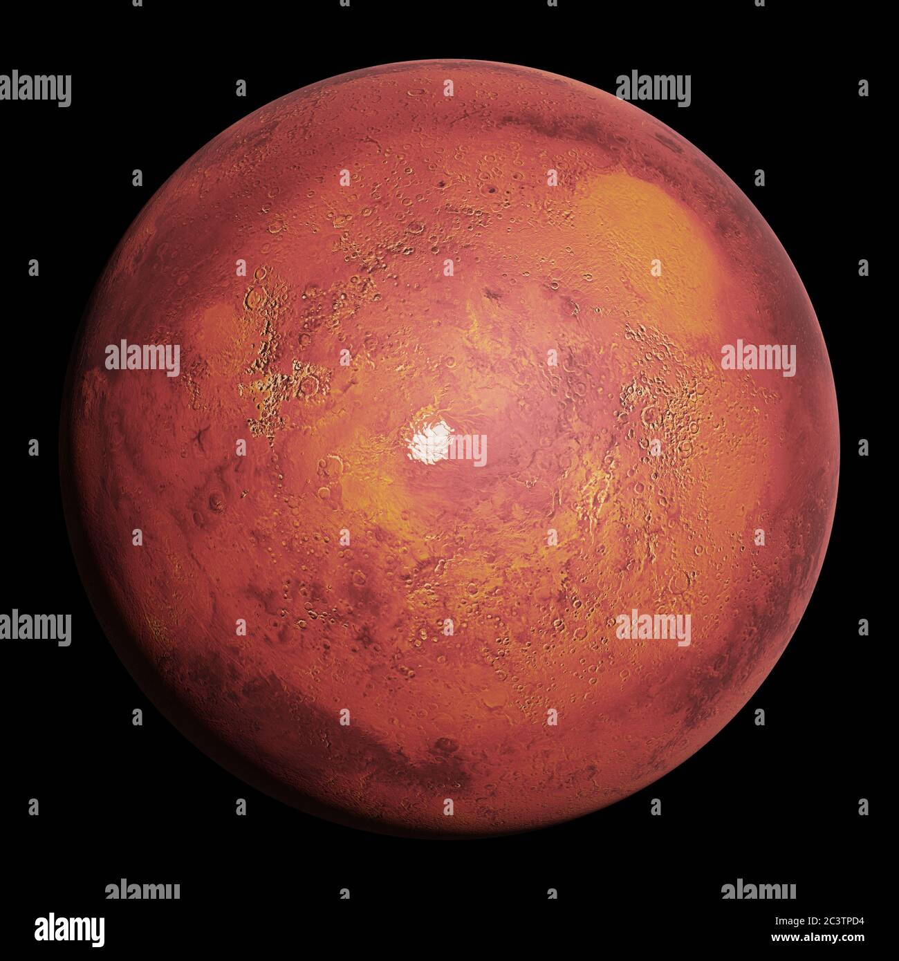 Planète Mars, planète rouge avec calotte glaciaire polaire sud isolée sur fond noir Banque D'Images