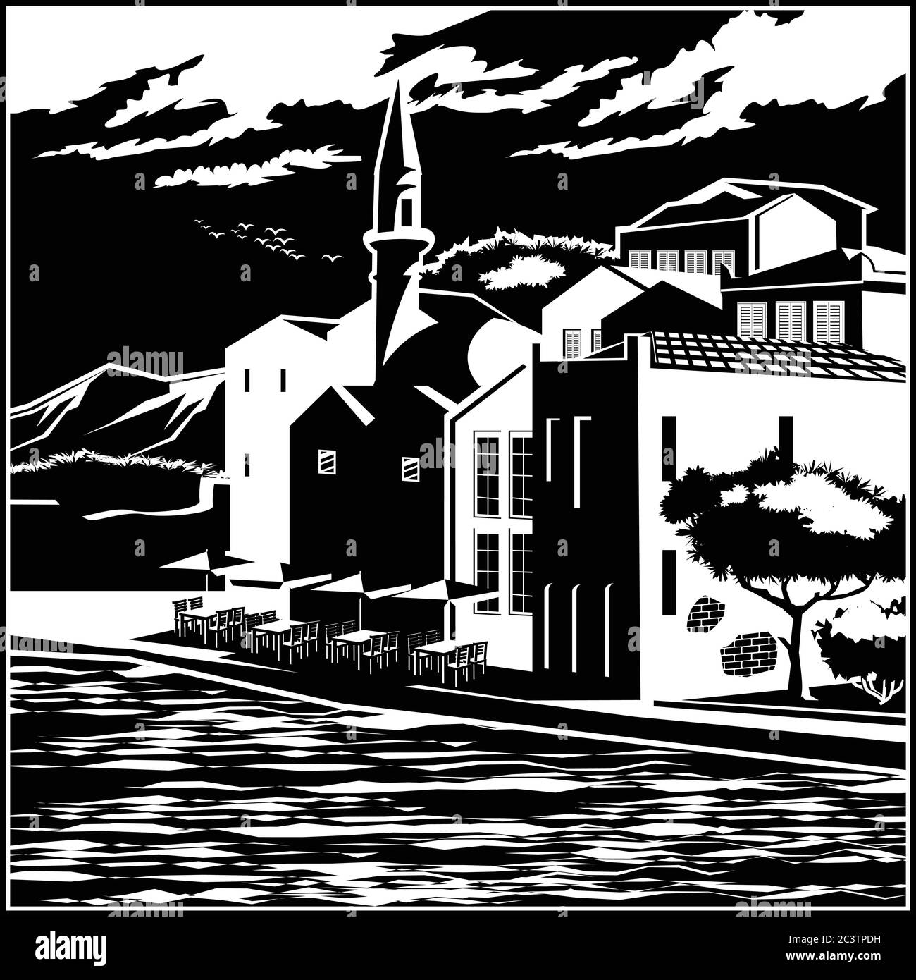 Illustration vectorielle stylisée du pittoresque remblai de la vieille ville Illustration de Vecteur