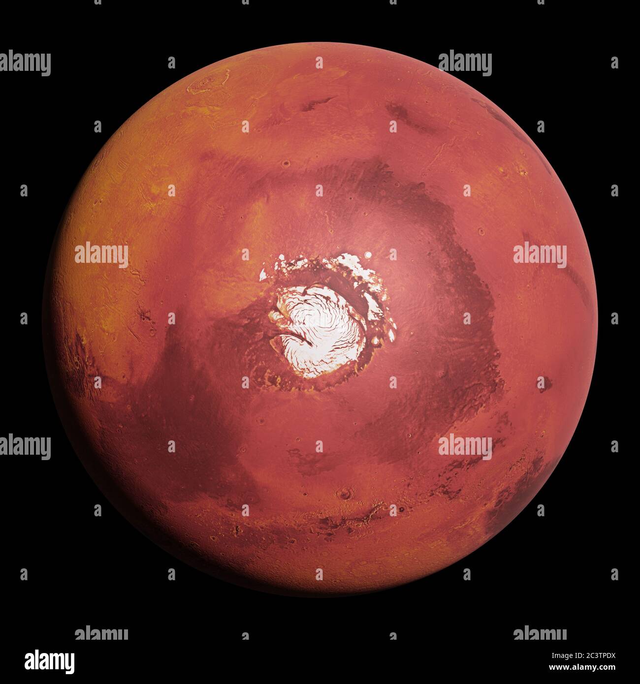 Planète Mars, planète rouge avec calotte glaciaire polaire nord isolée sur fond noir Banque D'Images