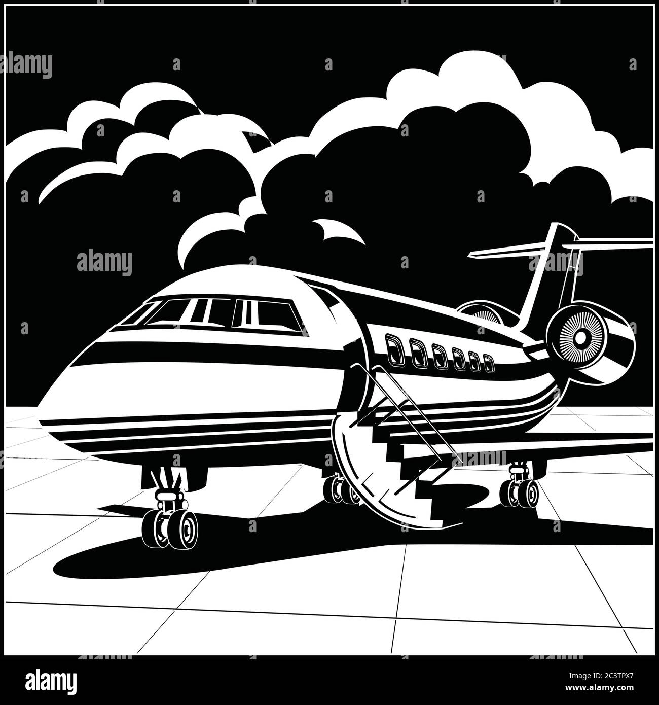 Illustration vectorielle stylisée sur un thème de l'aviation privée. Jet d'affaires moderne à l'aéroport Illustration de Vecteur