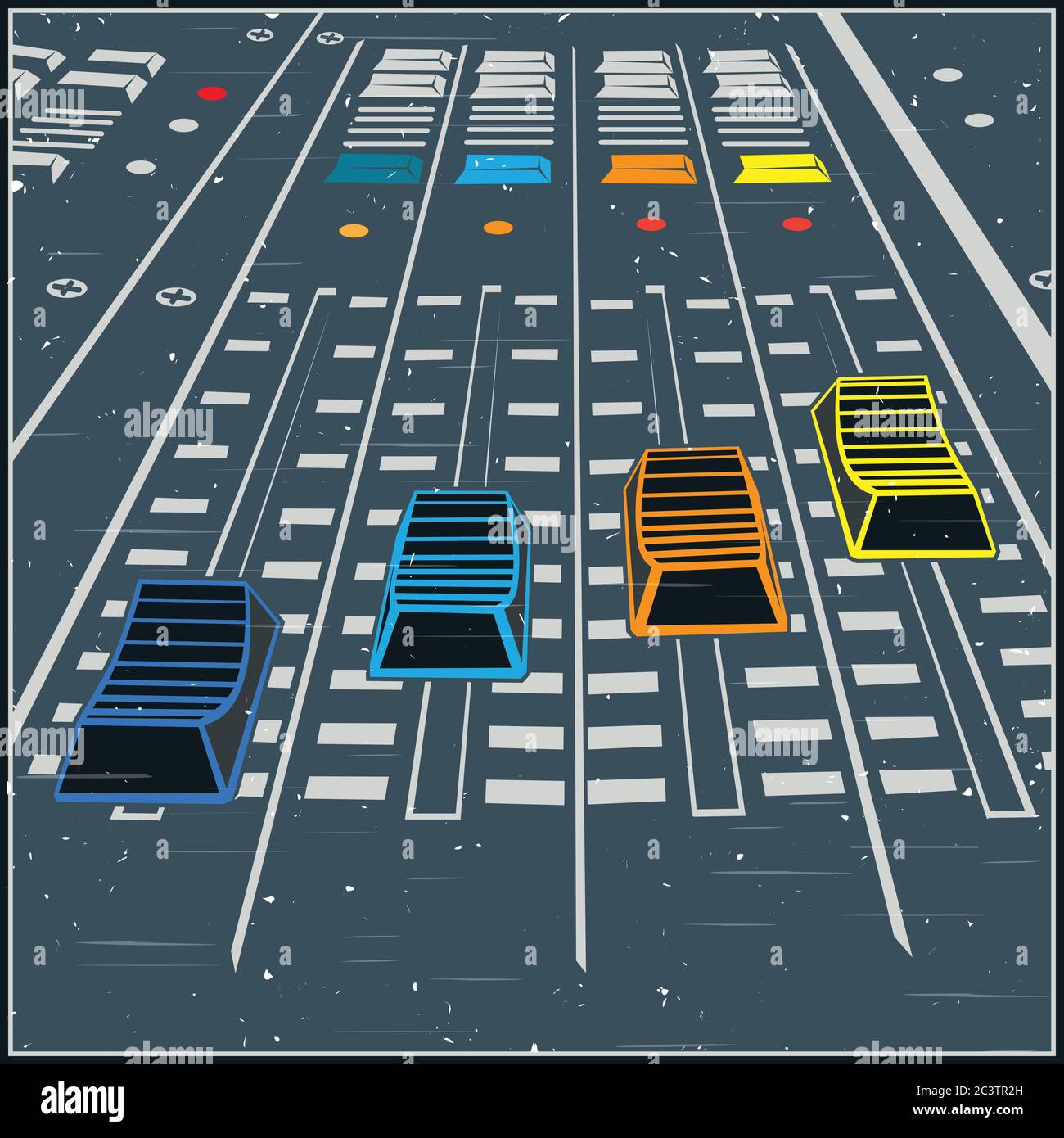 Illustration vectorielle stylisée sur un thème d'enregistrement sonore en studio. Panneau de commande de montage ou de DJ, égaliseur dans le style ancien poster Illustration de Vecteur