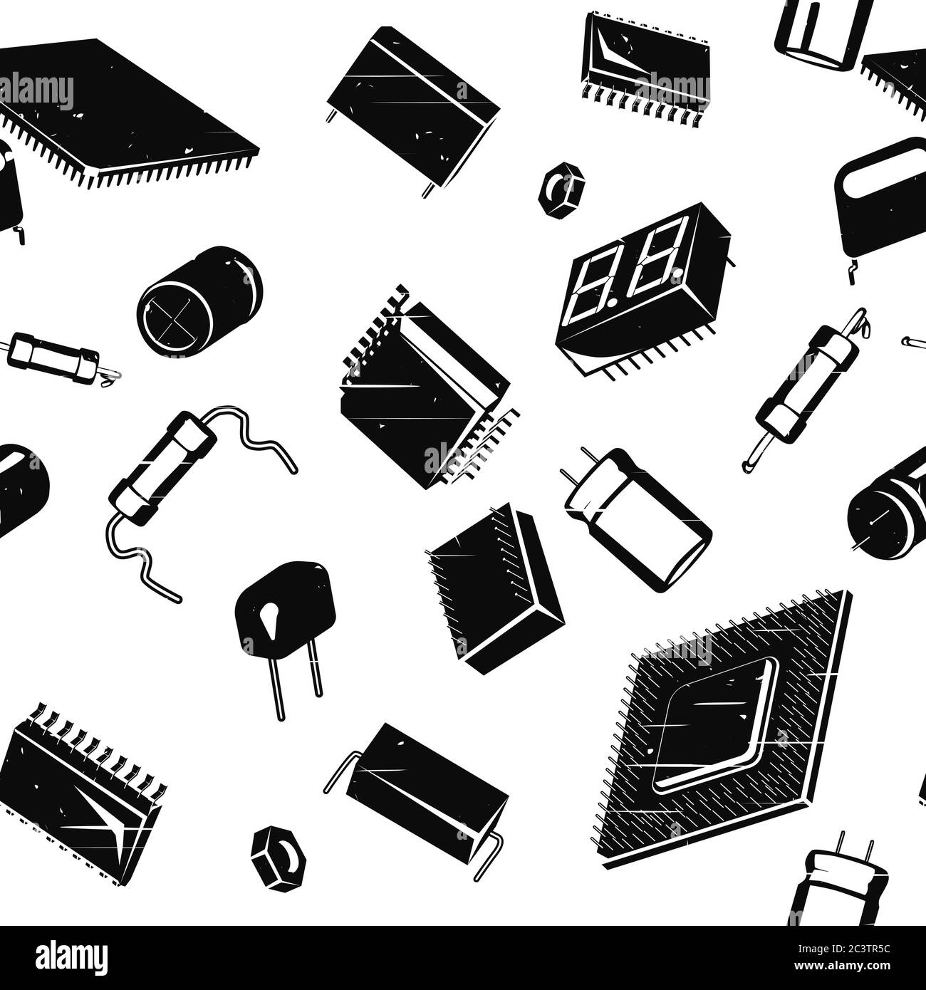 Illustration stylisée sans couture dans toutes les directions des composants électroniques et des circuits dans un style rétro Illustration de Vecteur