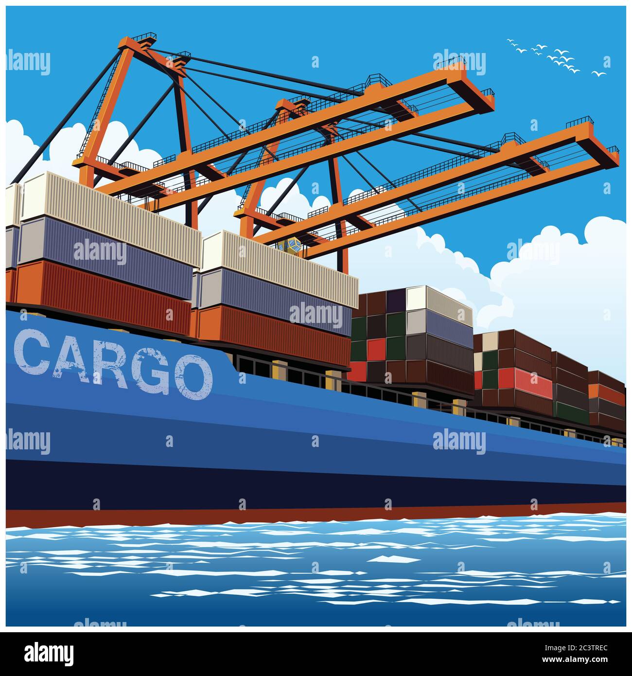 Chargement de conteneurs par des grues portuaires sur un grand porte-conteneurs Illustration de Vecteur