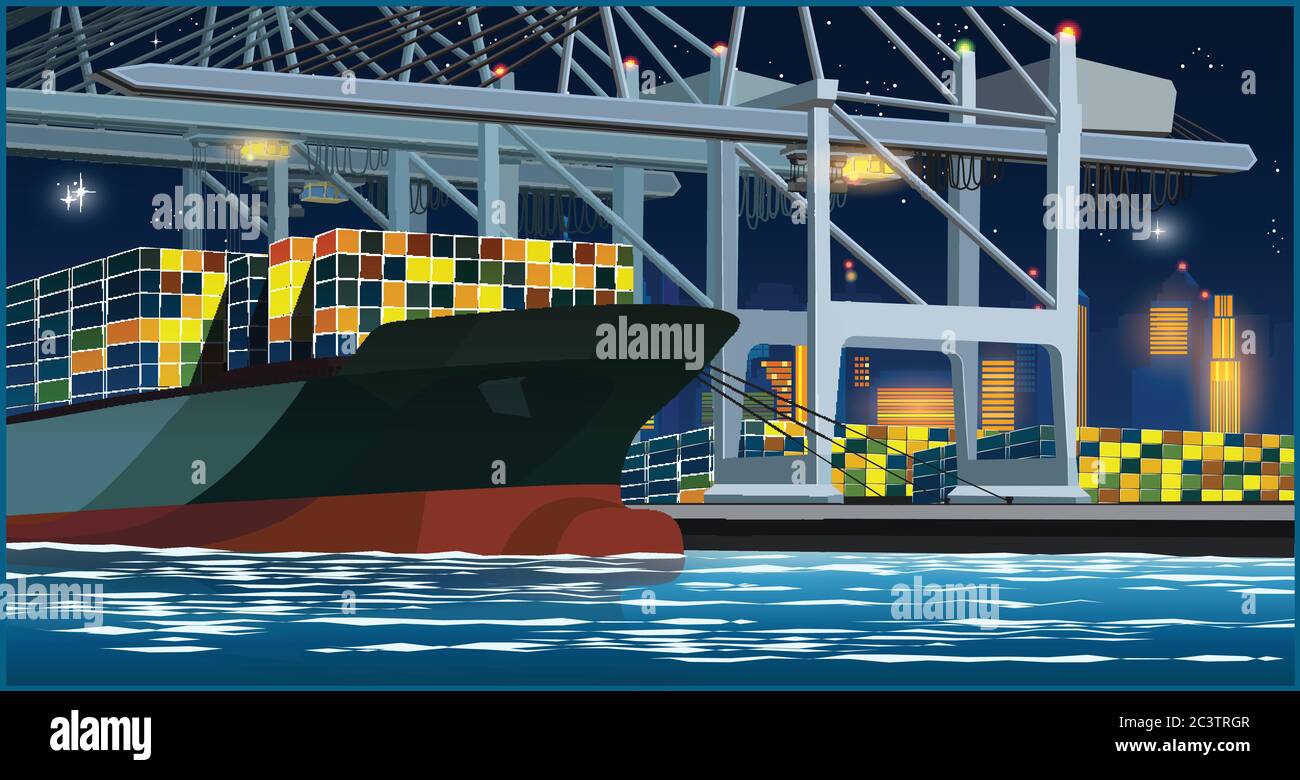 Chargement de conteneurs par de grandes grues portuaires sur un navire à conteneurs dans le port la nuit Illustration de Vecteur