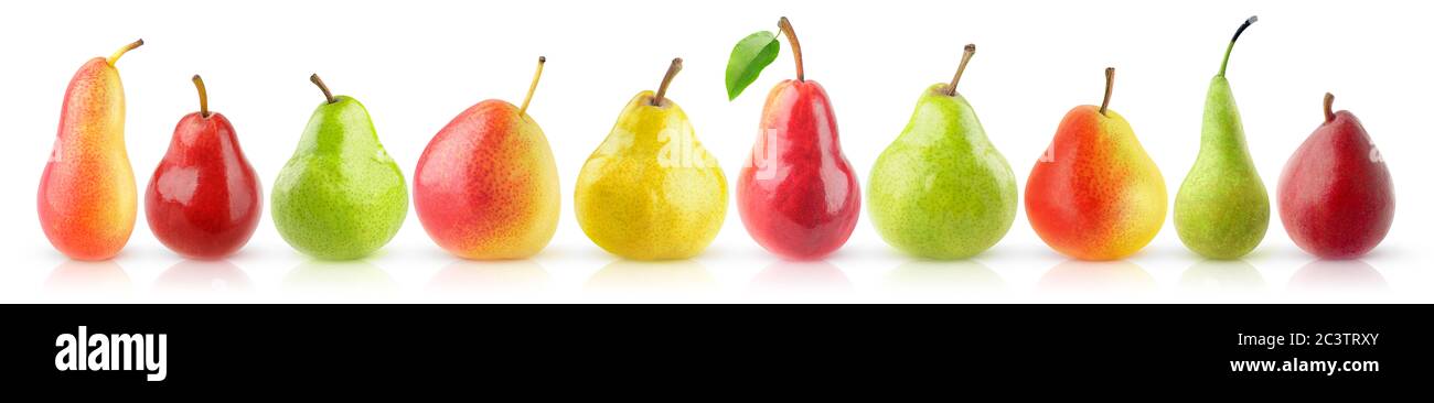 Diversité des fruits de poire. Panorama de 10 poires fraîches de différentes formes et couleurs isolées sur fond blanc Banque D'Images