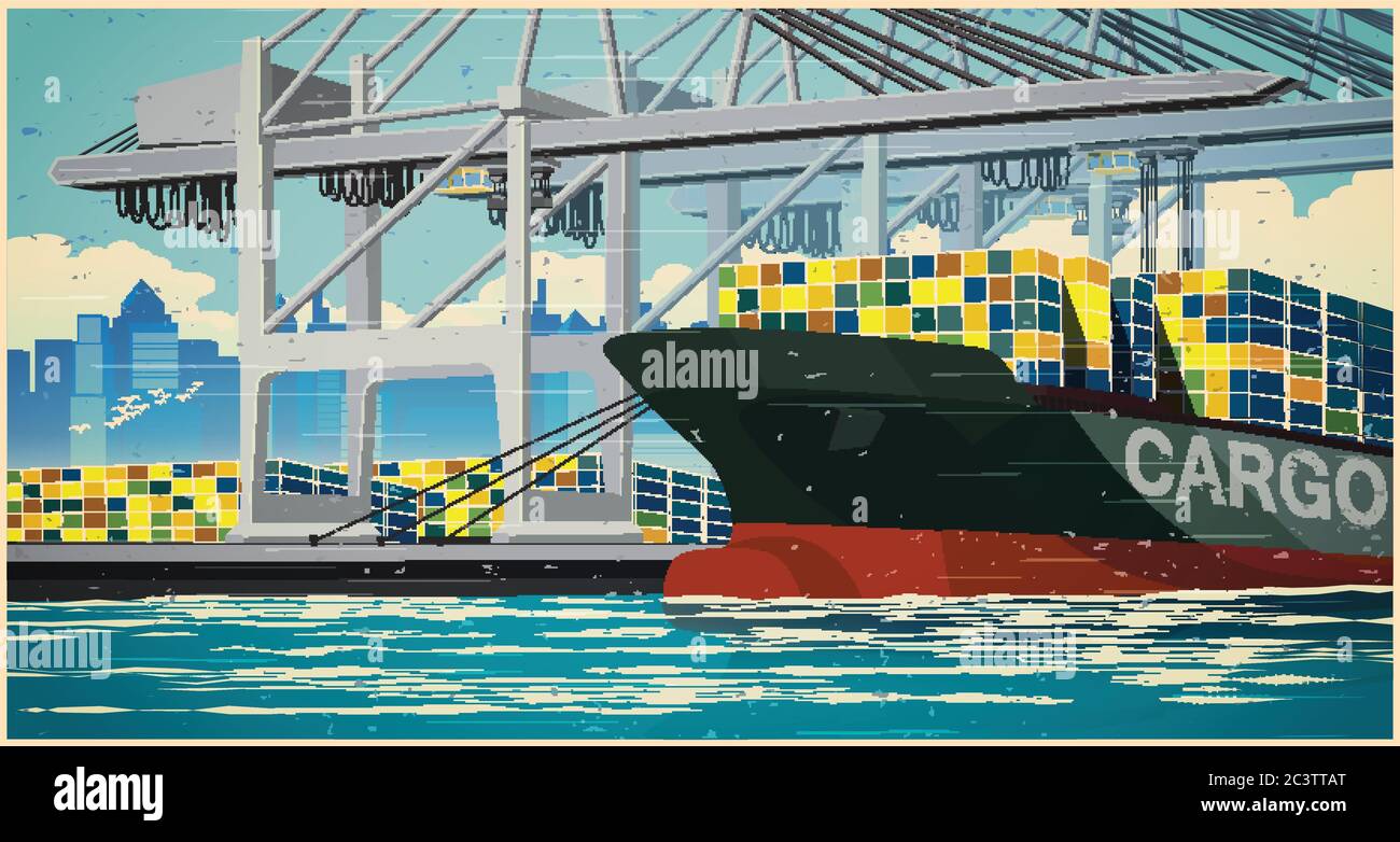 De grandes grues de port chargeant des navires-conteneurs dans le port à l'heure du jour dans le style rétro de l'affiche Illustration de Vecteur