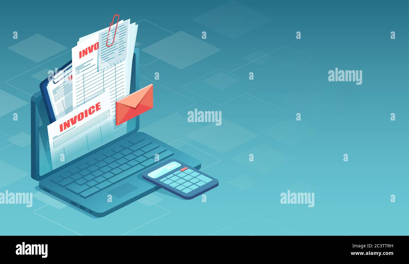 Vecteur de facture en ligne avec factures, confirmation d'achat sortant de l'ordinateur portable Illustration de Vecteur