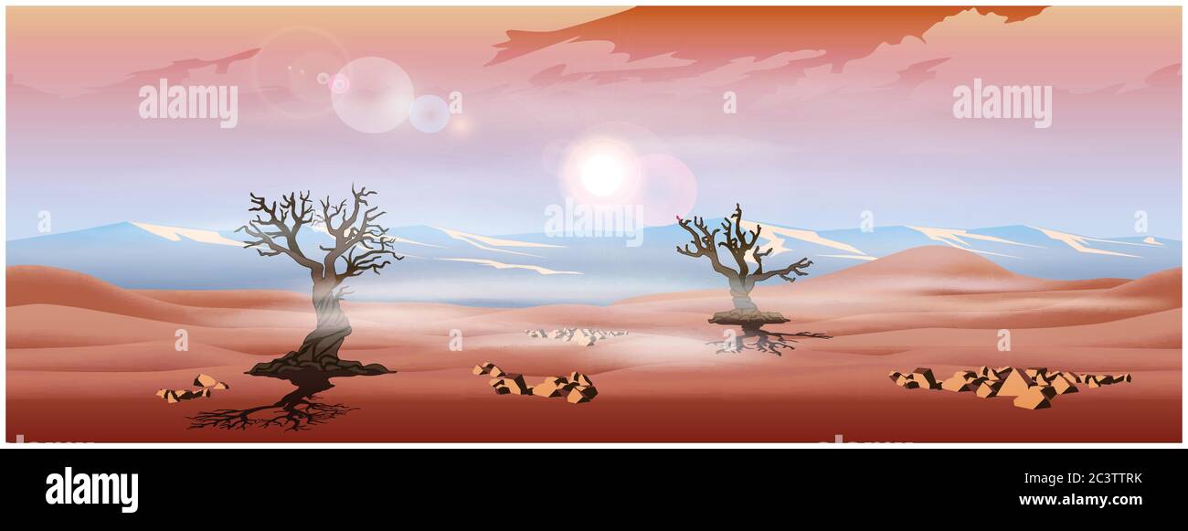 Illustration vectorielle stylisée du paysage des hautes terres avec des arbres morts. Sans couture horizontale si nécessaire Illustration de Vecteur