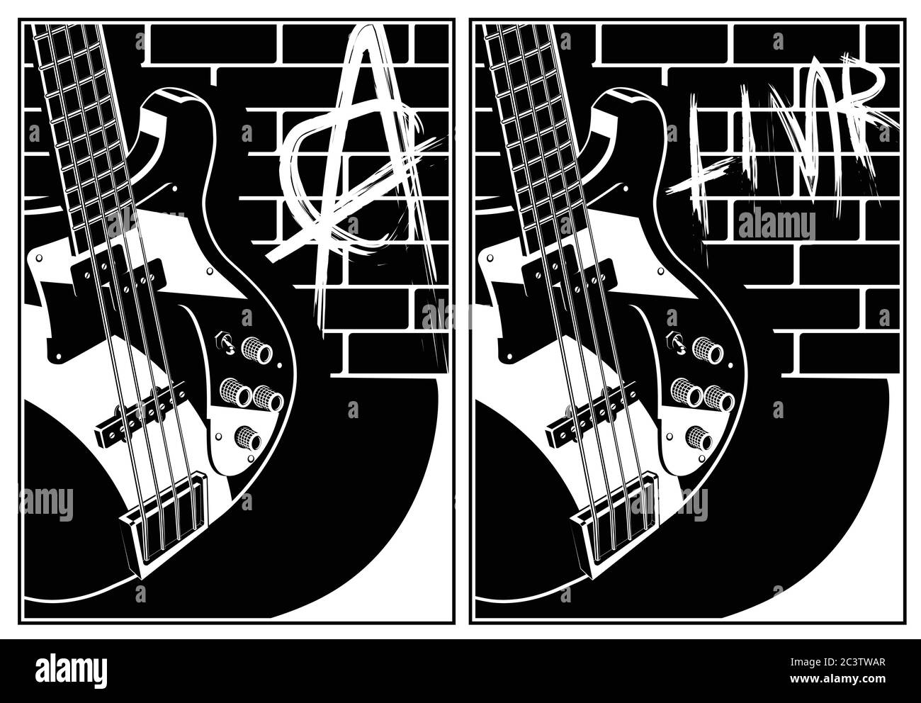 Deux illustrations vectorielles stylisées d'une guitare électrique sur fond de mur de briques avec graffiti Illustration de Vecteur