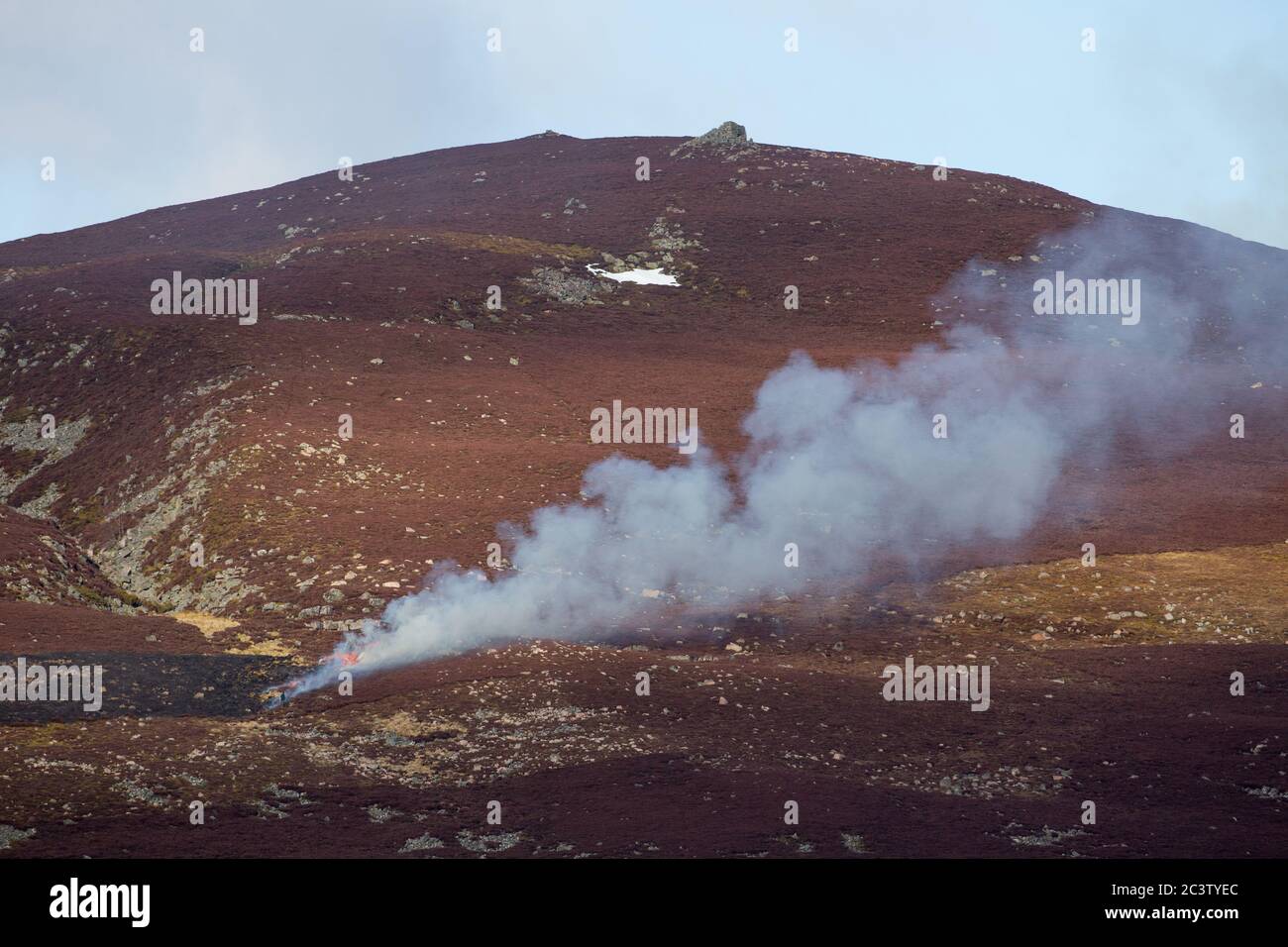 La fumée s'élève sur les landes de bruyère dans les Highlands écossais pendant une combustion contrôlée. Banque D'Images