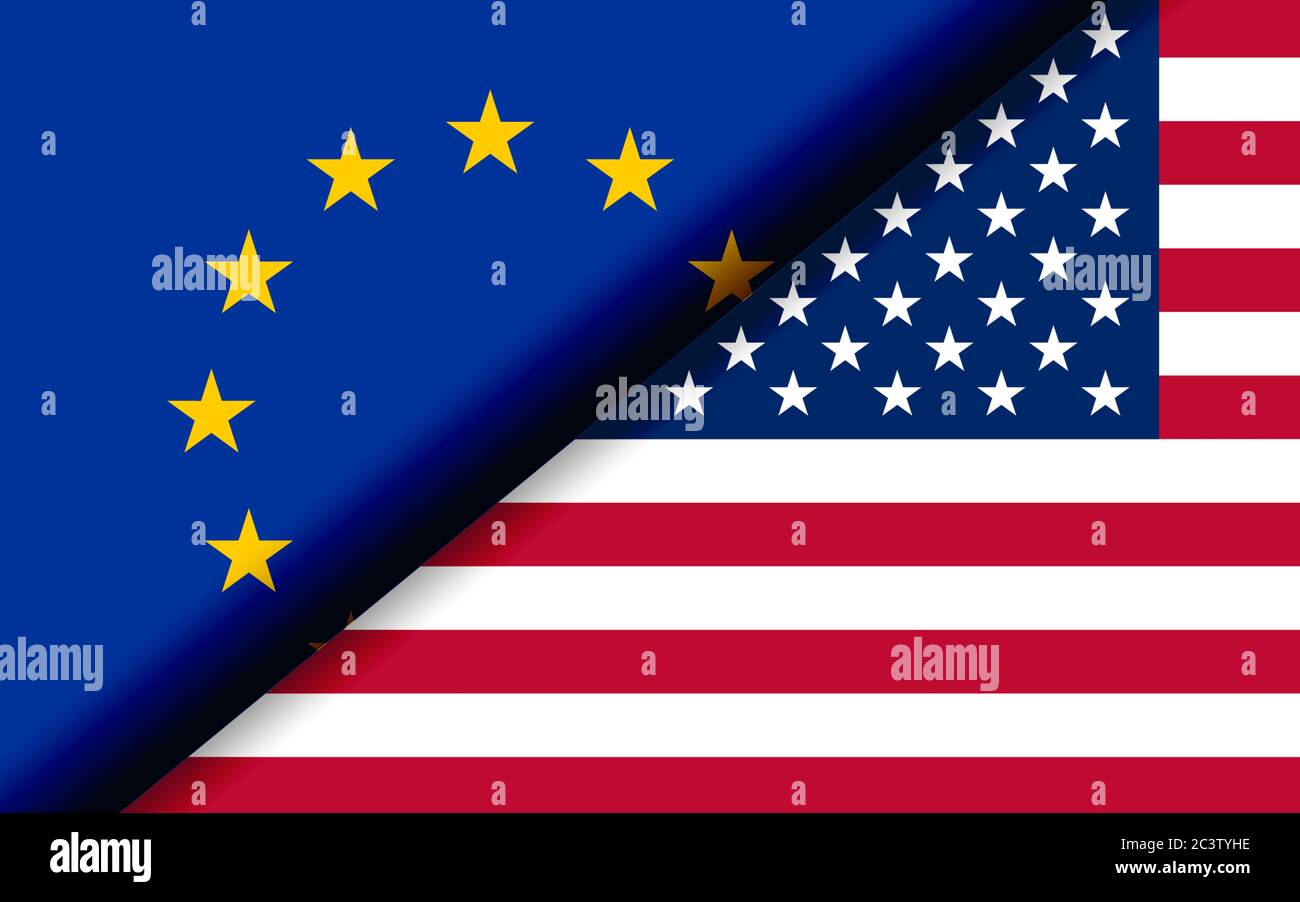 Les drapeaux de l'UE et des États-Unis sont divisés en diagonale. Rendu 3D Banque D'Images