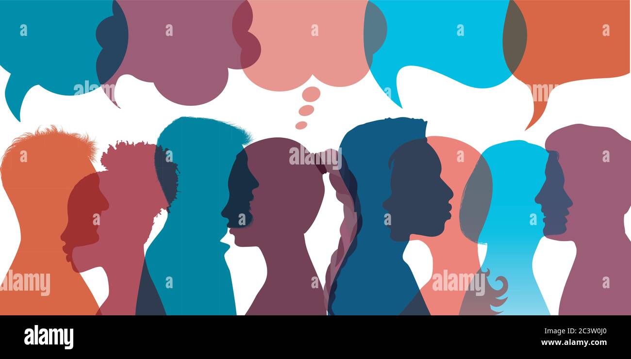 Bulle de parole.Silhouette dirige les gens dans le profil.diversité les gens.dialogue de parole et inform.Communicate groupe de personnes multiethniques qui parlent Illustration de Vecteur