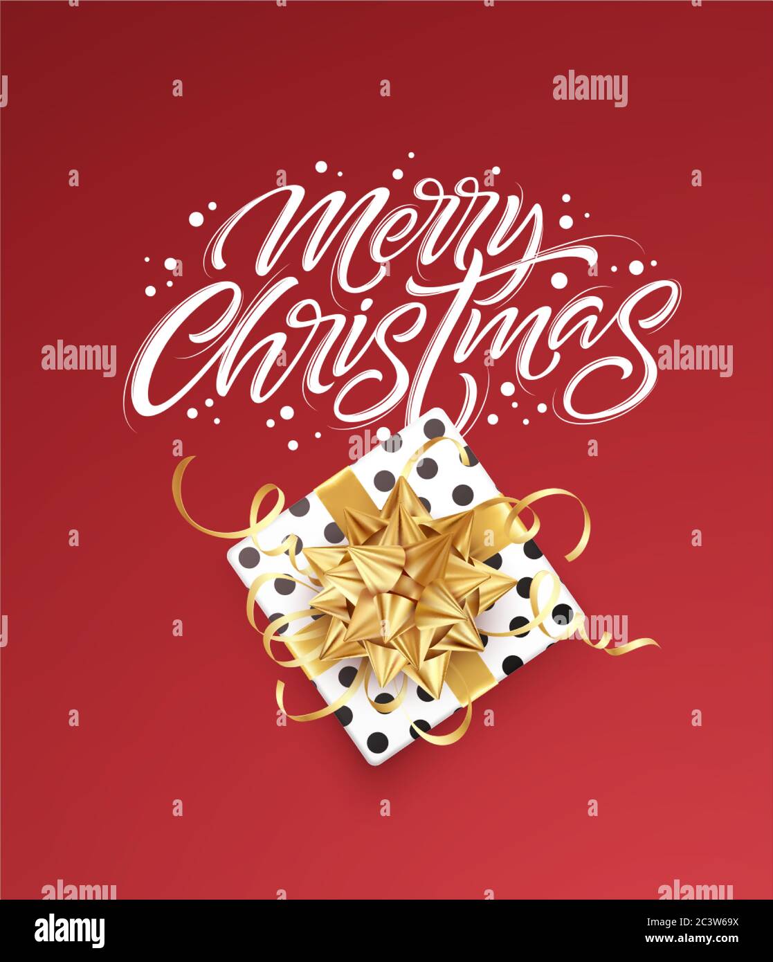 Lettrage blanc Joyeux Noël sur fond rouge avec boîte cadeau et noeud doré. Modèle de conception pour bannière, bon d'échange, affiche, prospectus. Vecteur Illustration de Vecteur