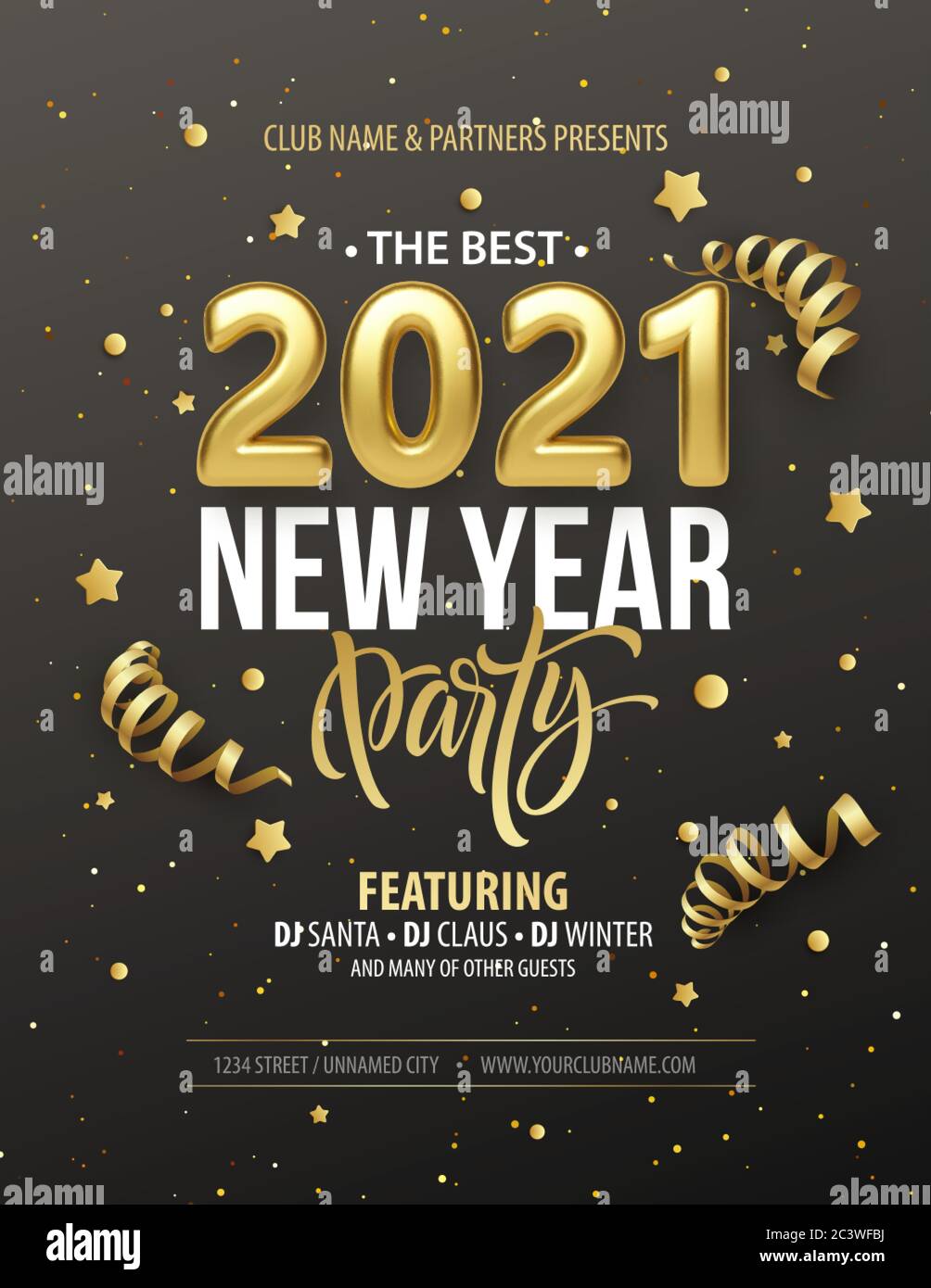 Affiche typographique de la fête du nouvel an avec inscription réaliste en or 2021, noeud cadeau, tingel doré et confetti doré sur fond noir. Vecteur Illustration de Vecteur