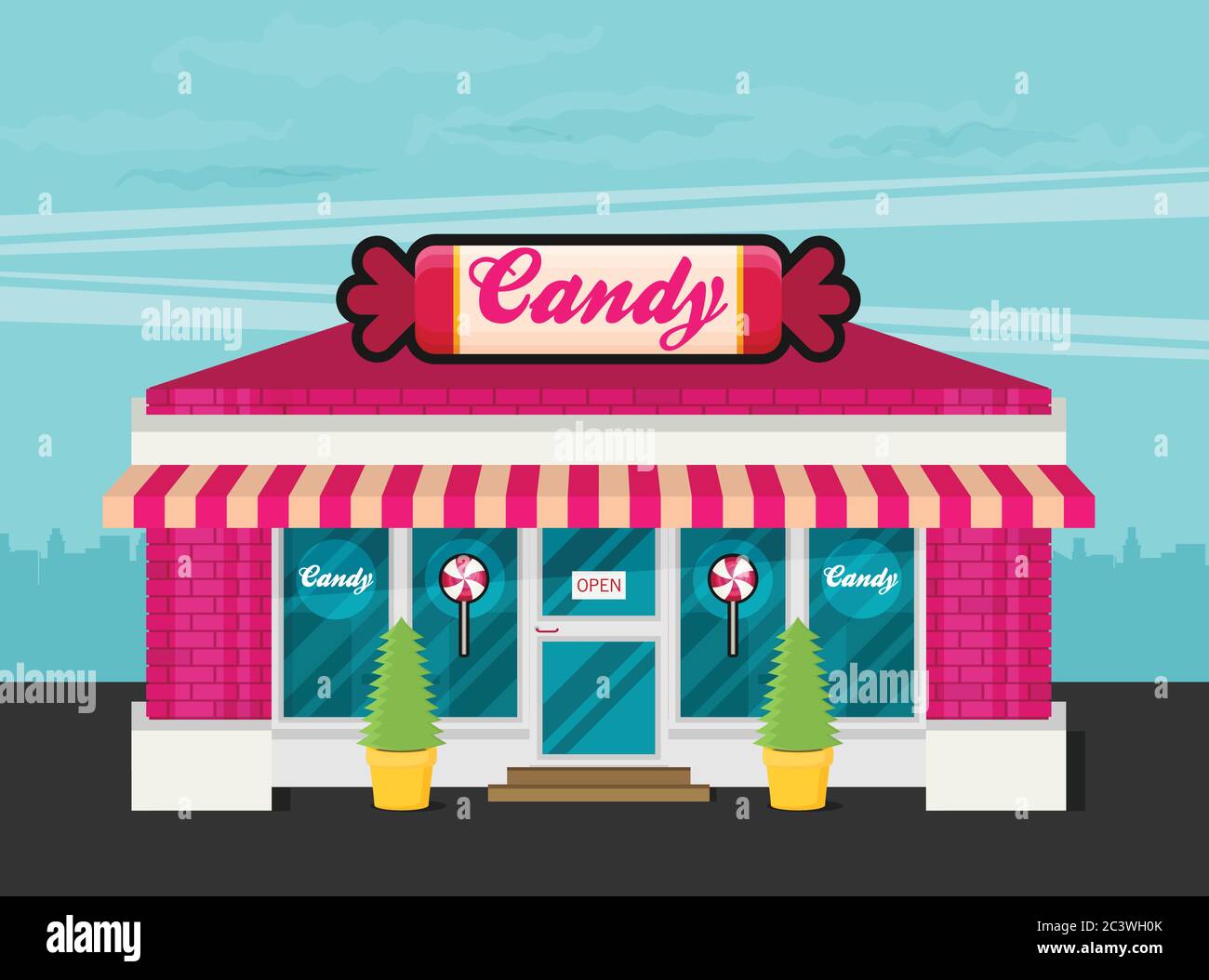 Façade de la boutique de bonbons vecteur plat. Illustration de Vecteur