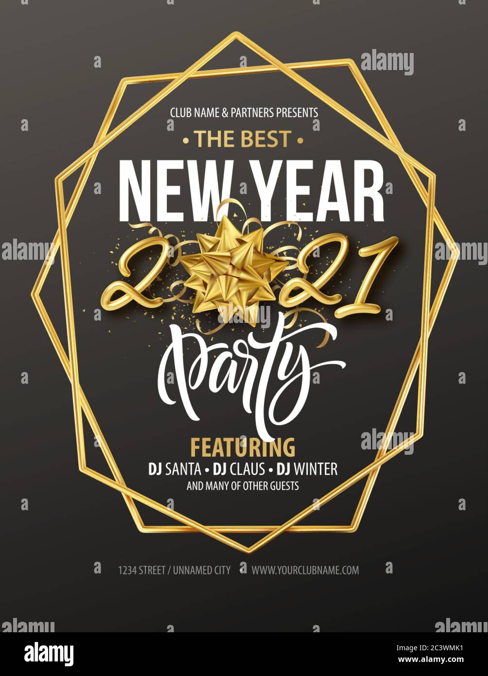 Affiche typographique de la fête du nouvel an avec inscription réaliste en or 2021, noeud cadeau, cadre doré et confetti dorés sur fond noir. Vecteur Illustration de Vecteur